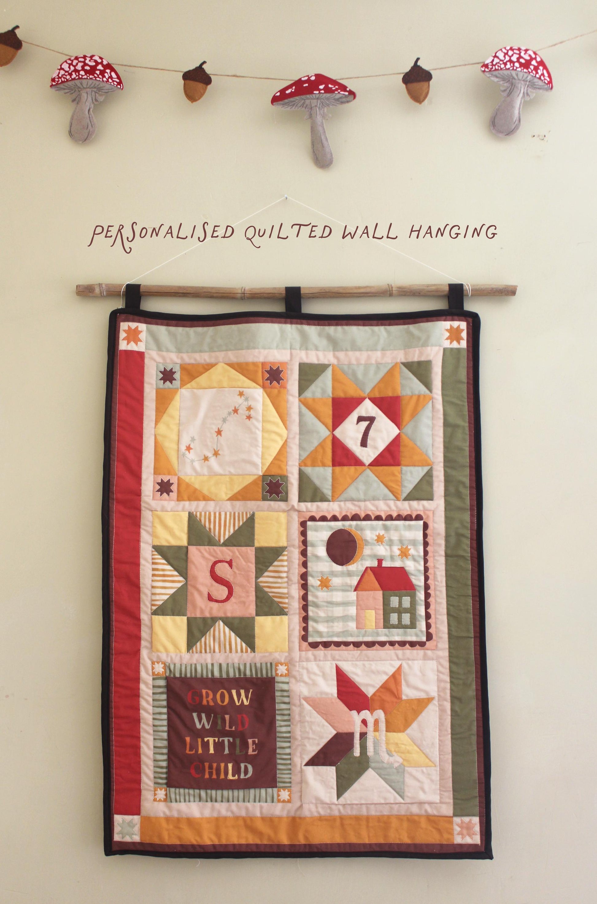 Quilted Wall Hanging - Personalised Nursery Kids Decor - Star sign, Initial, Moon Phase, Birthday - Whimsical, Colourful