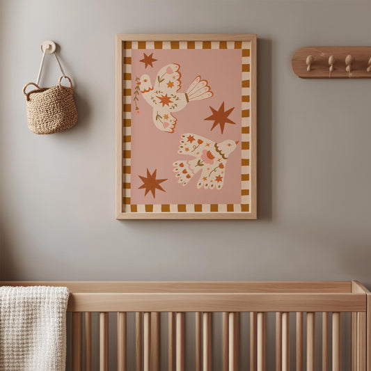 Folk Art Dove Print - Pink – Celestial Floral Birds, Nursery Decor, Children's Room, Play room