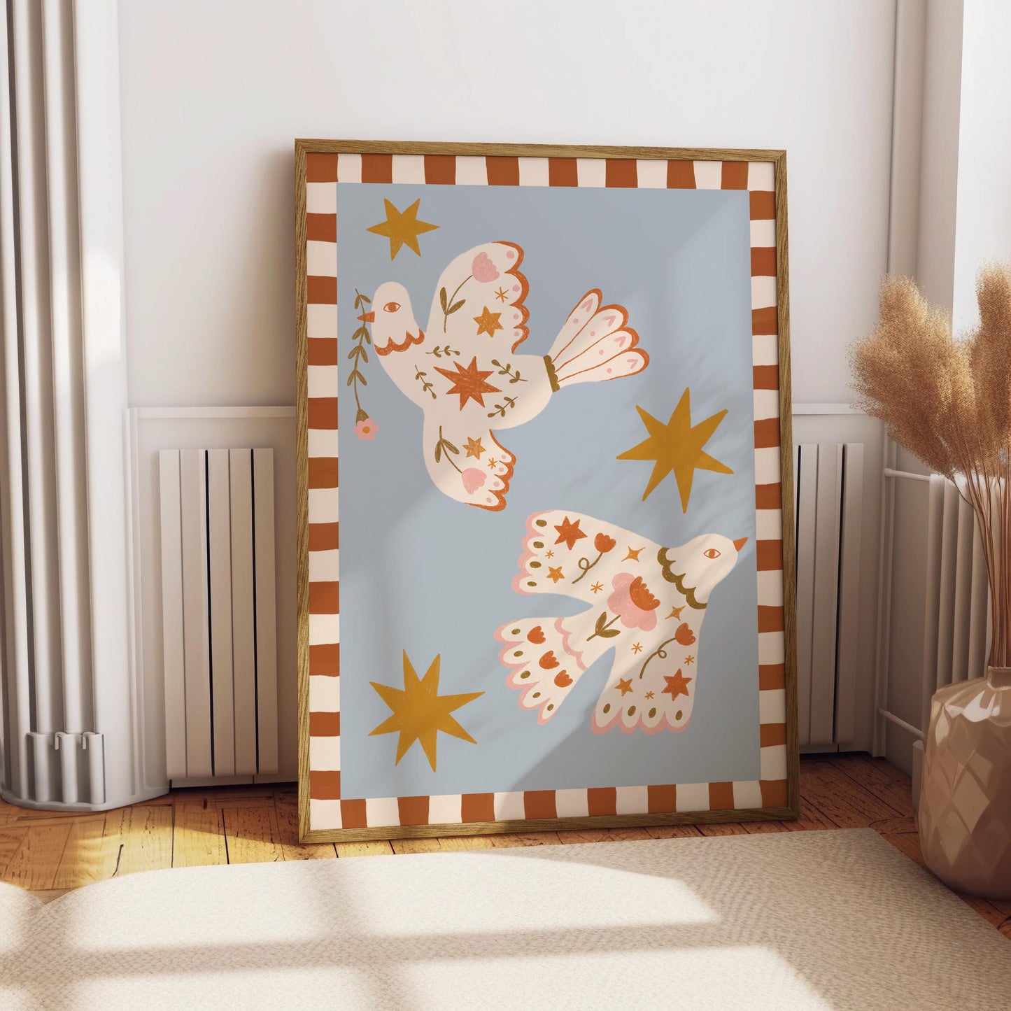 Folk Art Dove Print - Blue – Celestial Floral Birds, Nursery Decor, Children's Room, Play room