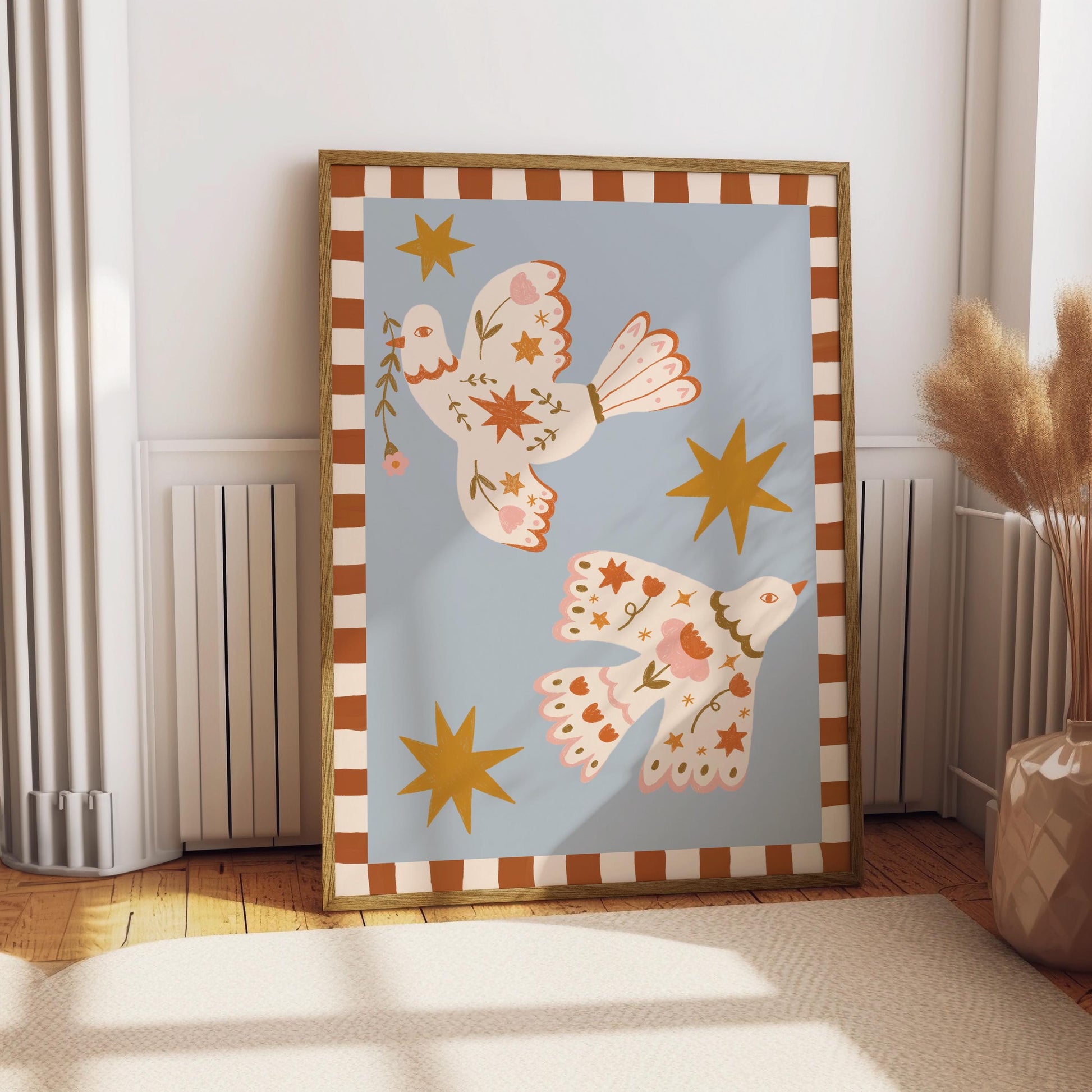 Folk Art Dove Print - Blue – Celestial Floral Birds, Nursery Decor, Children's Room, Play room