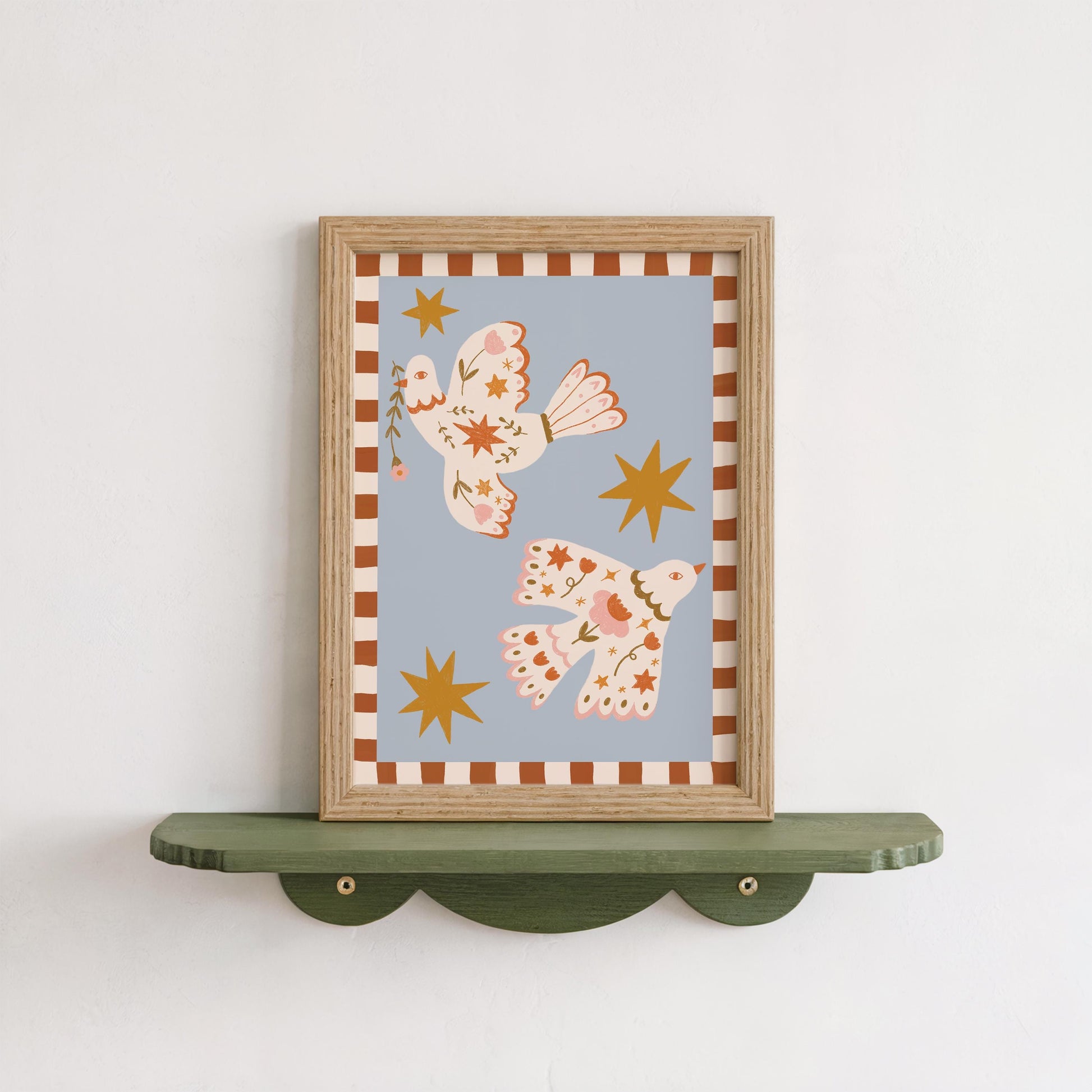 Folk Art Dove Print - Blue – Celestial Floral Birds, Nursery Decor, Children's Room, Play room