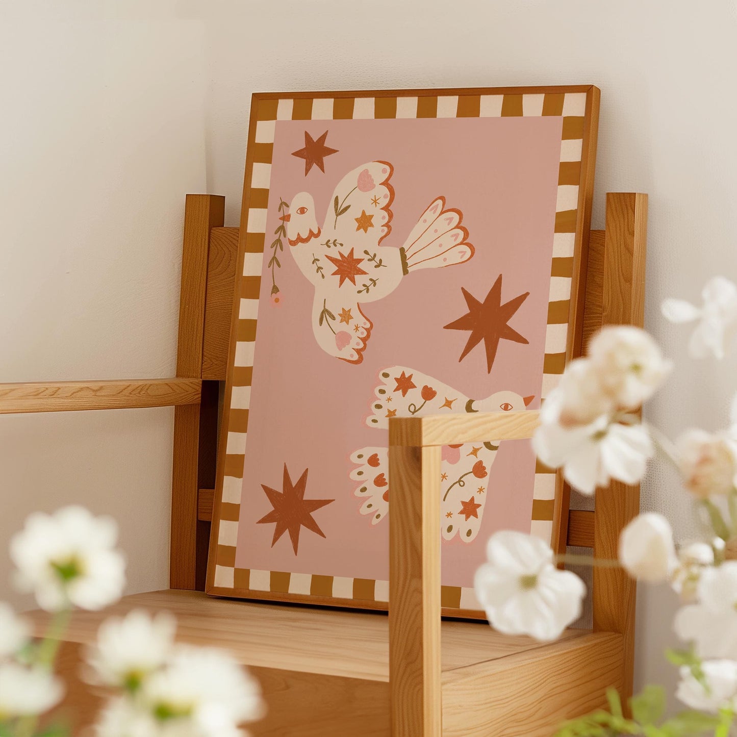 Folk Art Dove Print - Pink – Celestial Floral Birds, Nursery Decor, Children's Room, Play room