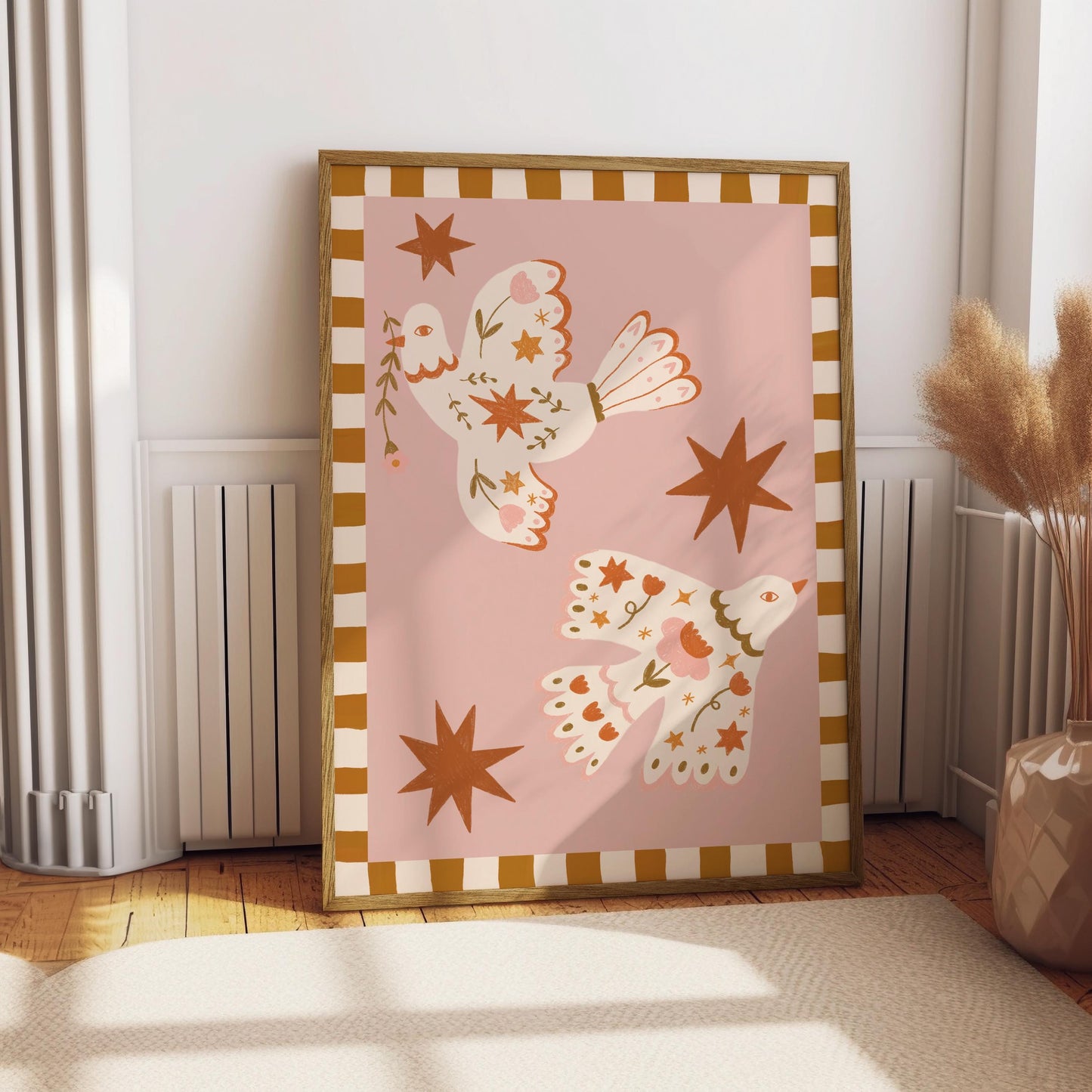 Folk Art Dove Print - Pink – Celestial Floral Birds, Nursery Decor, Children's Room, Play room