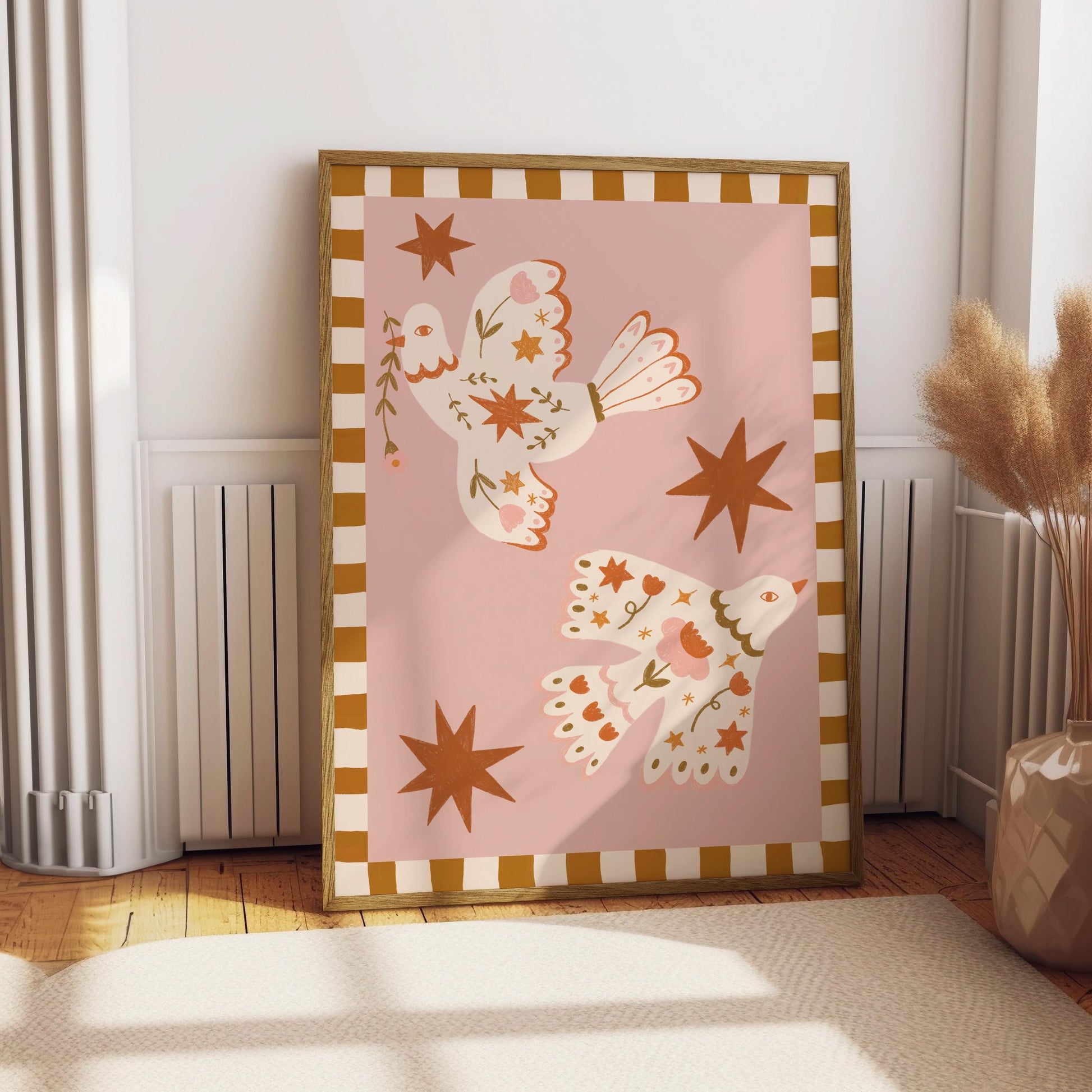 Folk Art Dove Print - Pink – Celestial Floral Birds, Nursery Decor, Children's Room, Play room
