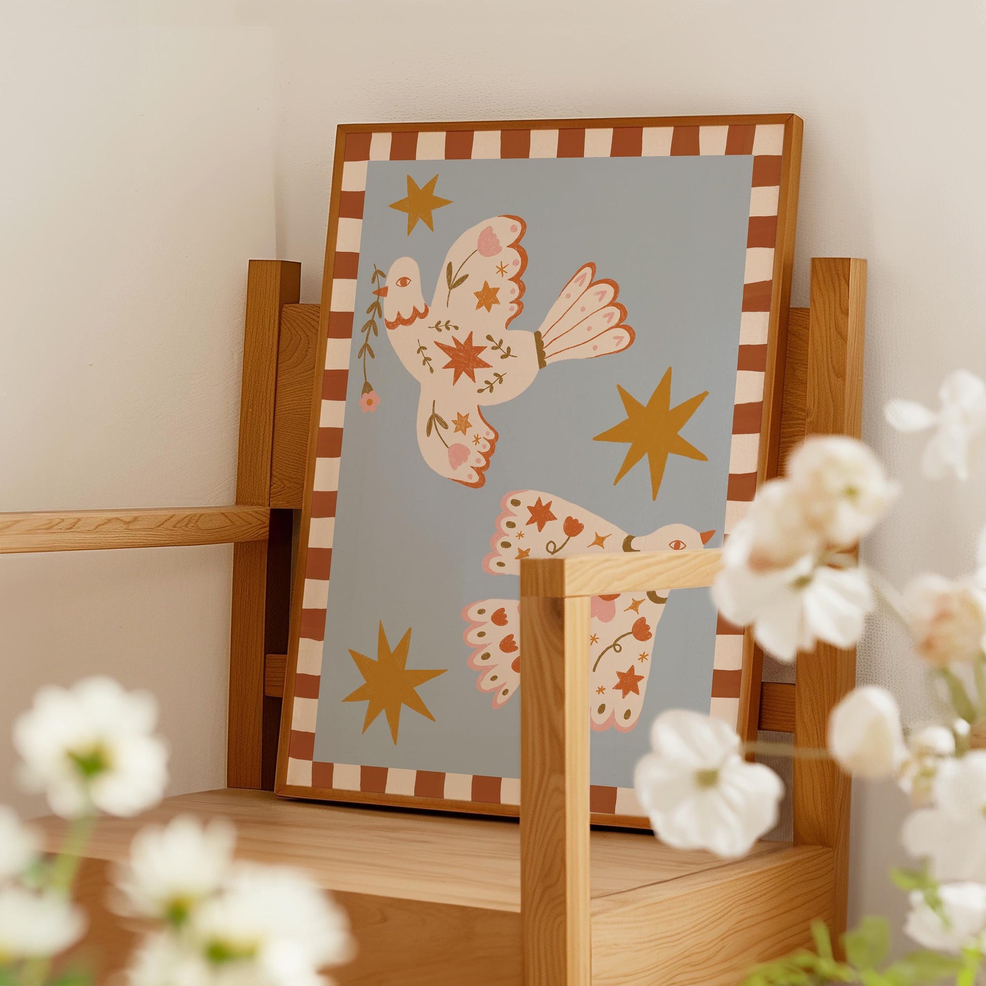 Folk Art Dove Print - Blue – Celestial Floral Birds, Nursery Decor, Children's Room, Play room
