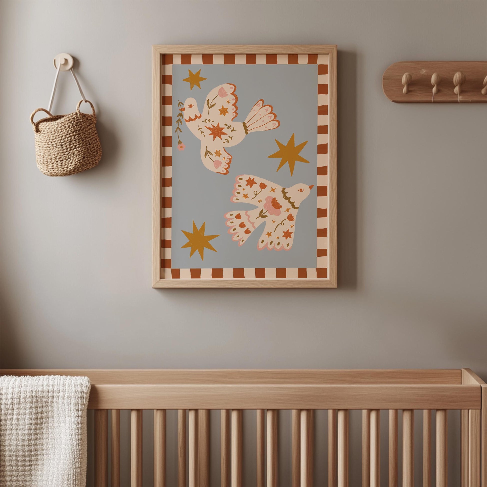 Folk Art Dove Print - Blue – Celestial Floral Birds, Nursery Decor, Children's Room, Play room