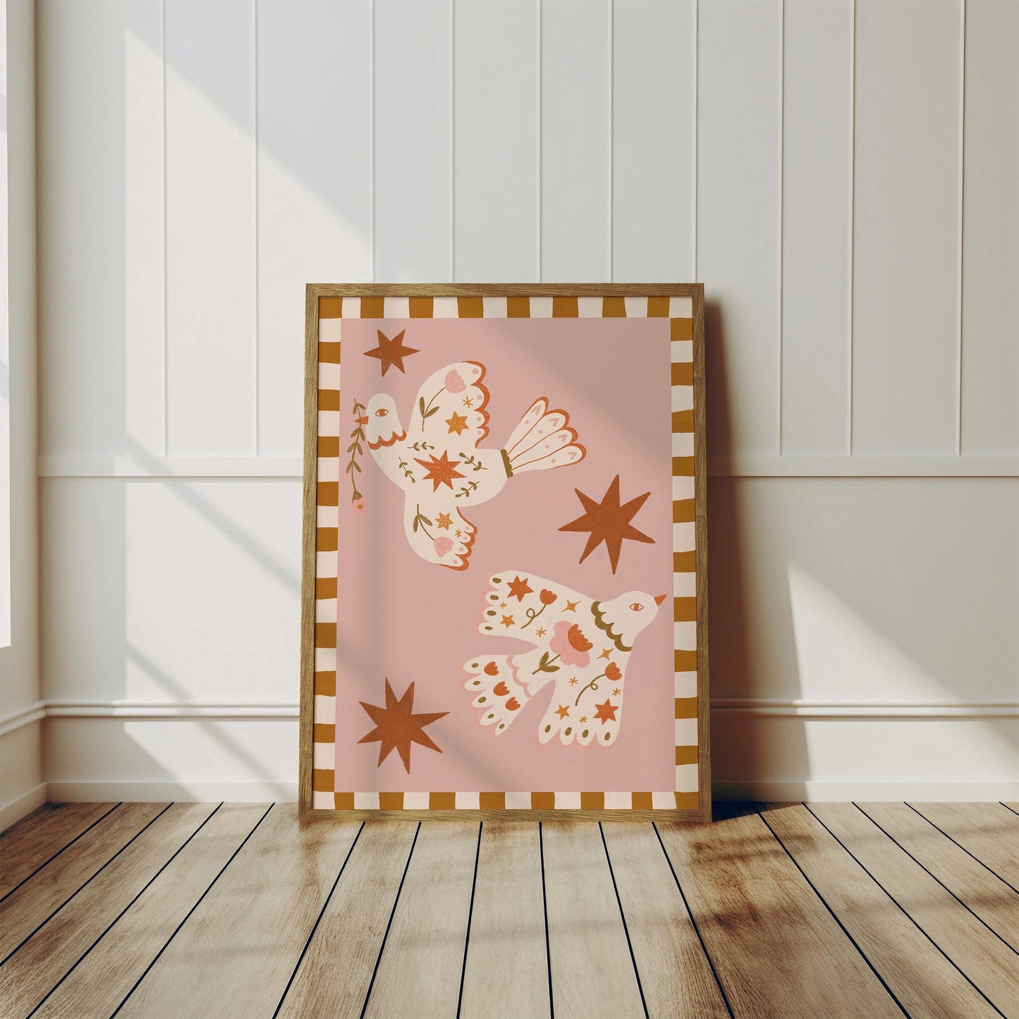 Folk Art Dove Print - Pink – Celestial Floral Birds, Nursery Decor, Children's Room, Play room