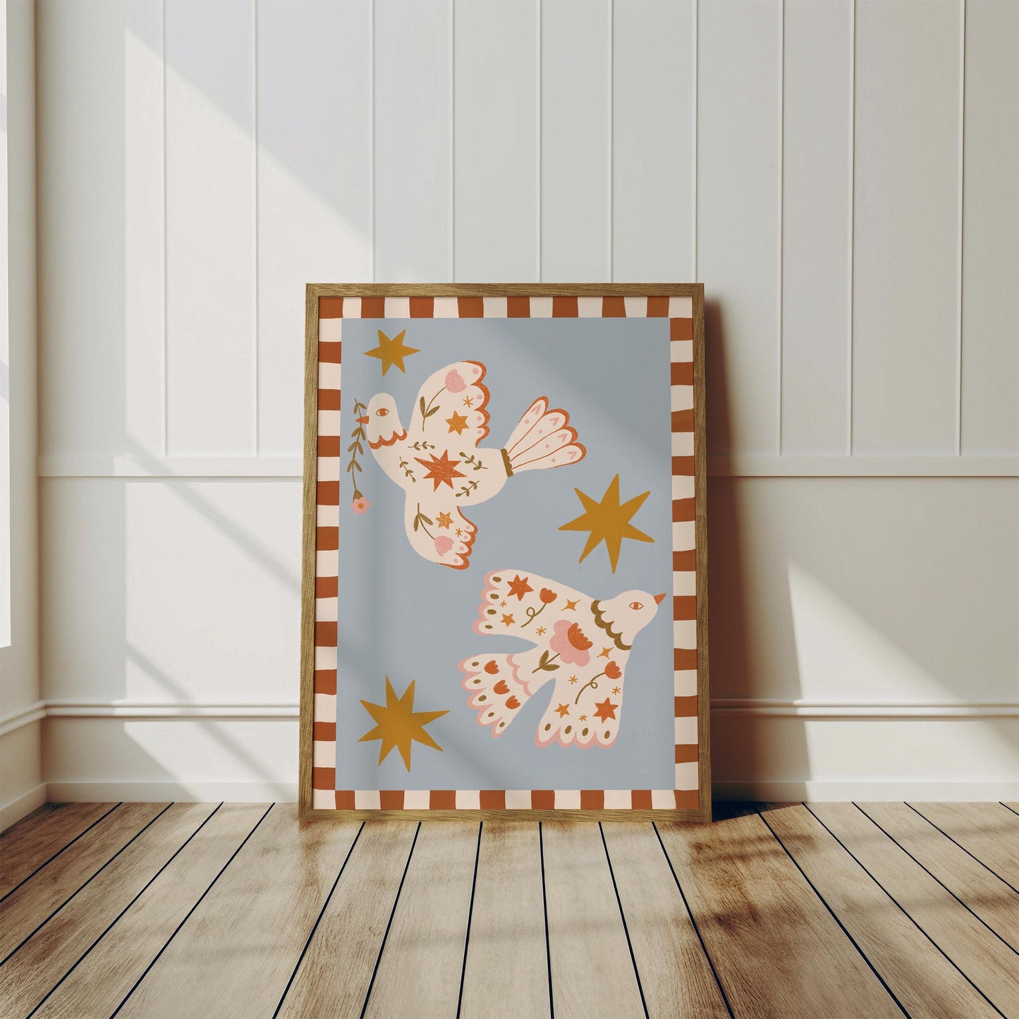 Folk Art Dove Print - Blue – Celestial Floral Birds, Nursery Decor, Children's Room, Play room