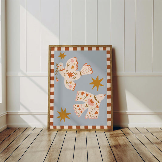 Folk Art Dove Print - Blue – Celestial Floral Birds, Nursery Decor, Children's Room, Play room