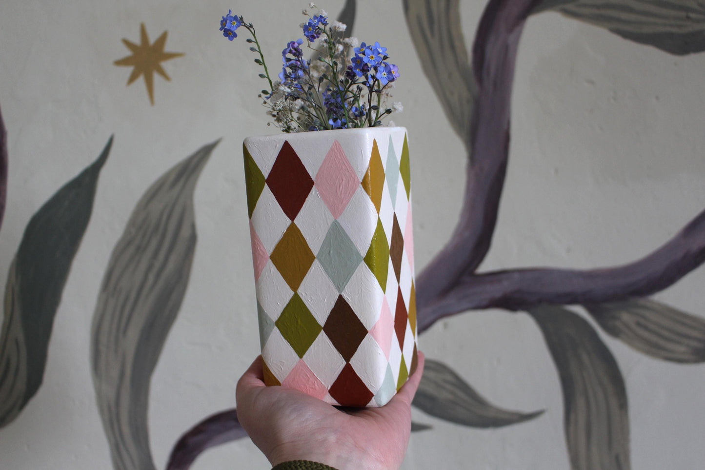 Hand Painted Harlequin Ceramic Vase – Checkerboard, Diamond, Colourful, Warm Rainbow
