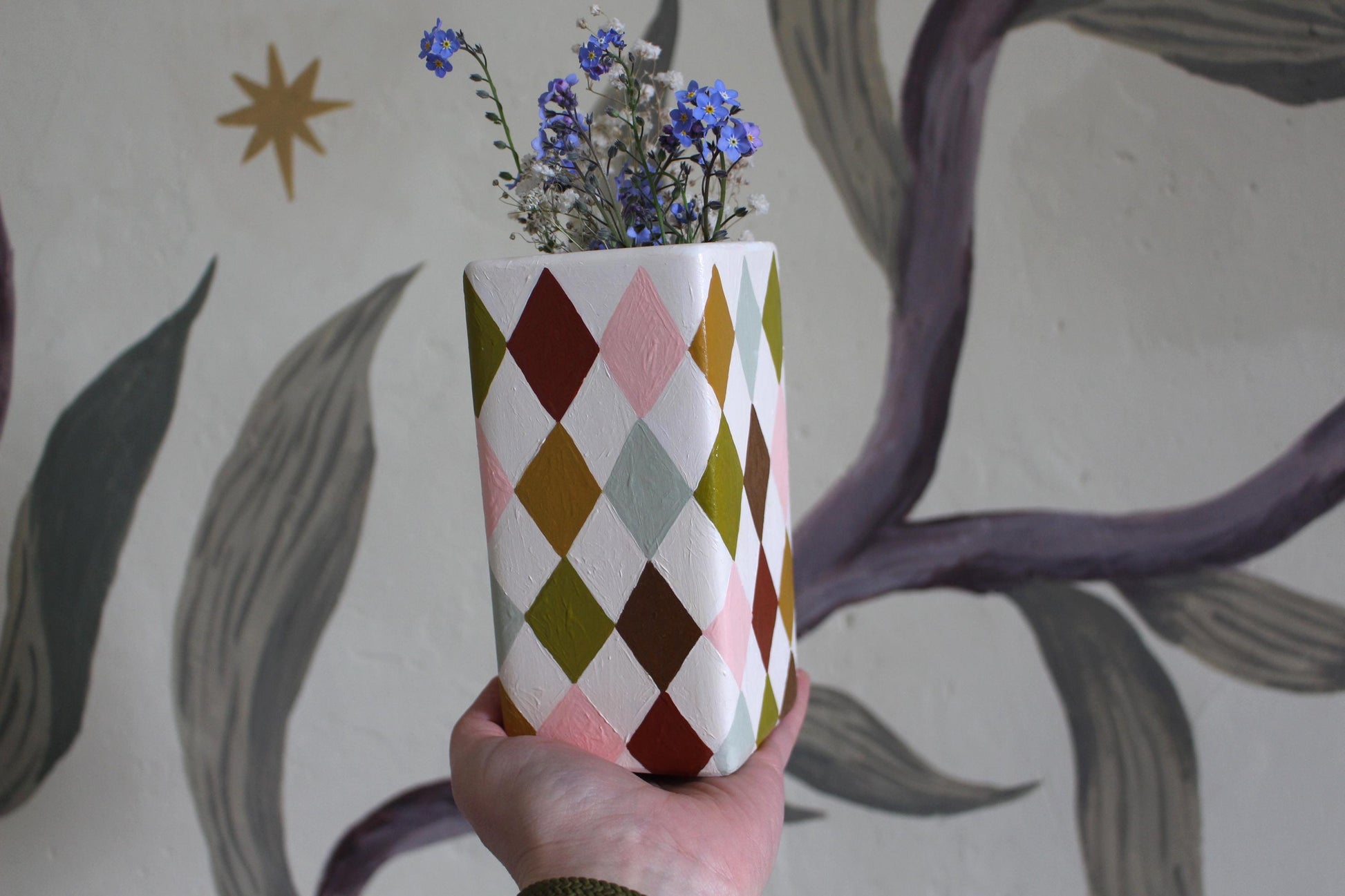 Hand Painted Harlequin Ceramic Vase – Checkerboard, Diamond, Colourful, Warm Rainbow