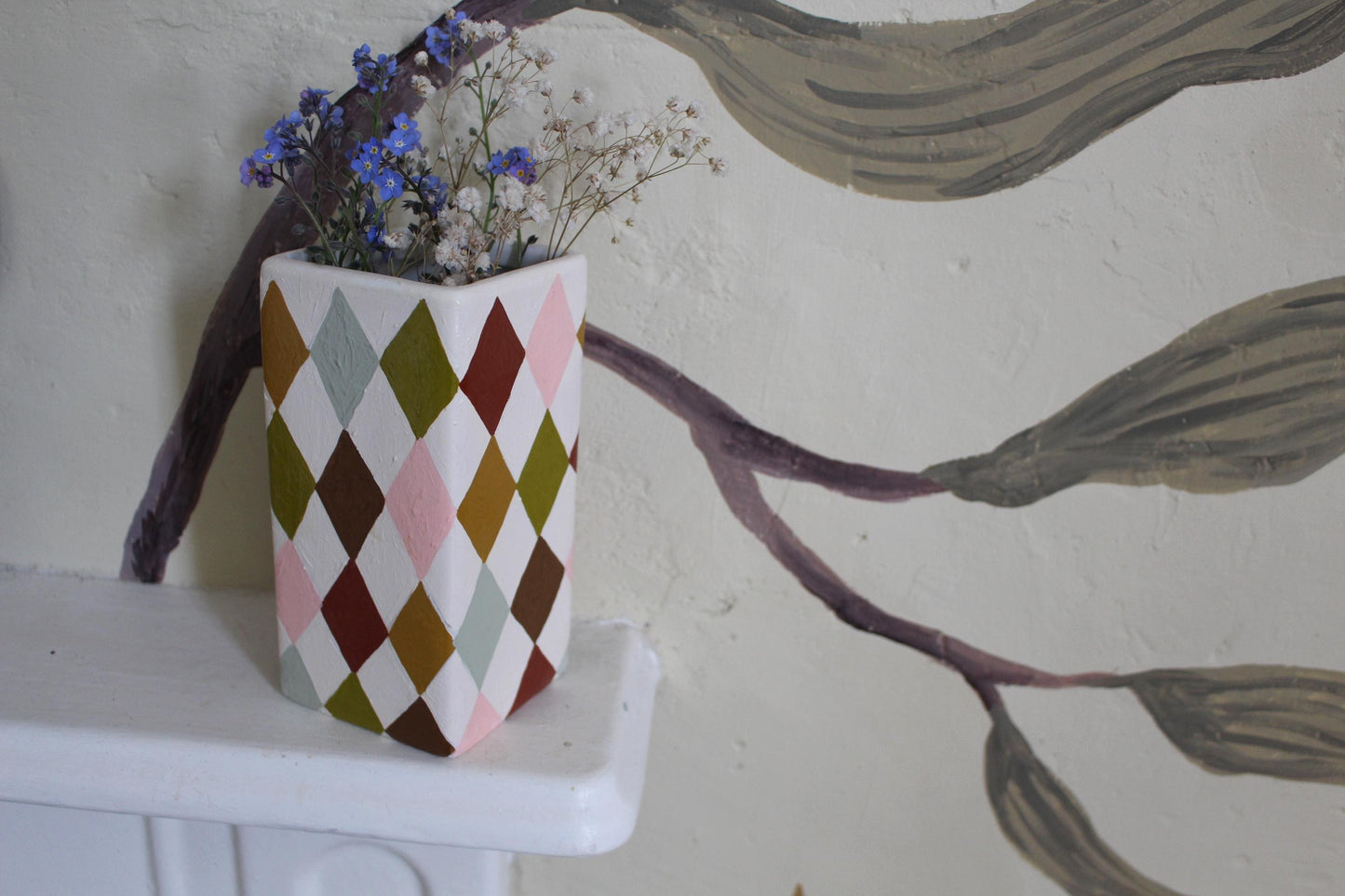 Hand Painted Harlequin Ceramic Vase – Checkerboard, Diamond, Colourful, Warm Rainbow