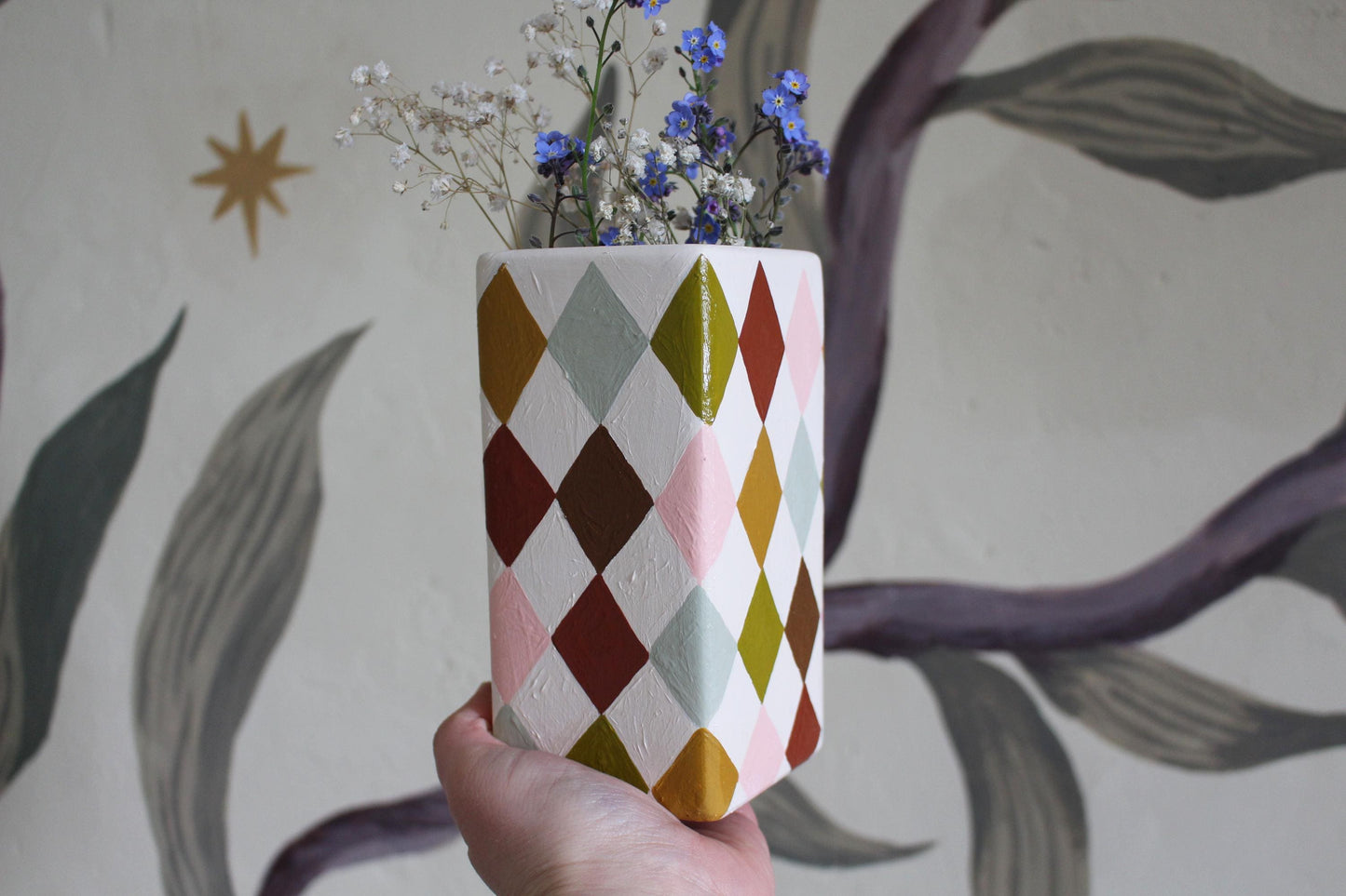 Hand Painted Harlequin Ceramic Vase – Checkerboard, Diamond, Colourful, Warm Rainbow