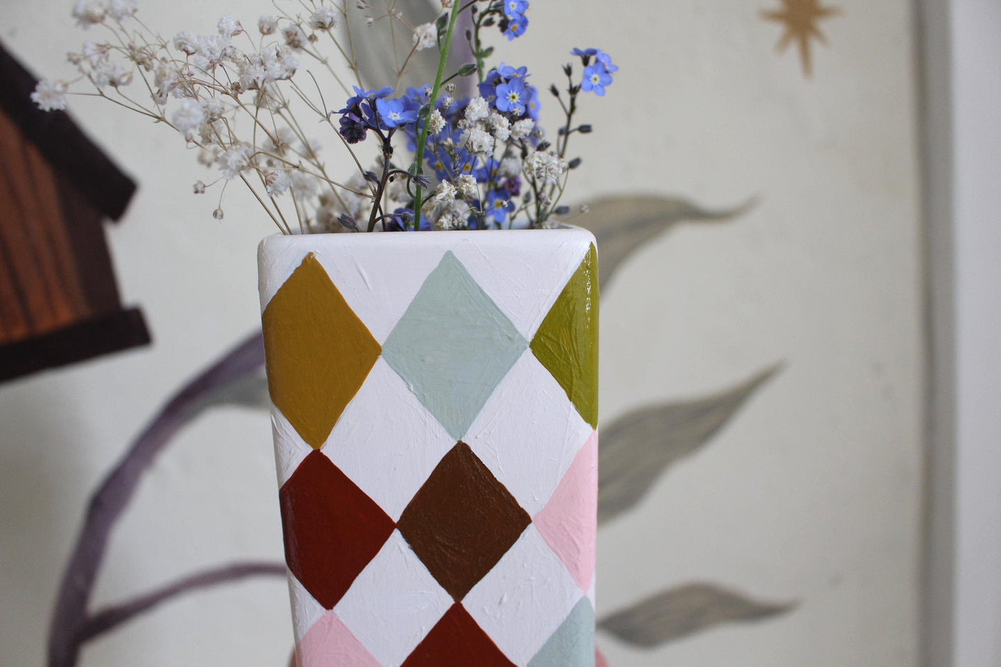 Hand Painted Harlequin Ceramic Vase – Checkerboard, Diamond, Colourful, Warm Rainbow