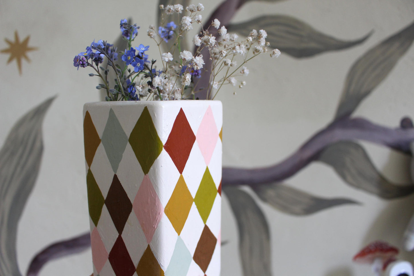 Hand Painted Harlequin Ceramic Vase – Checkerboard, Diamond, Colourful, Warm Rainbow