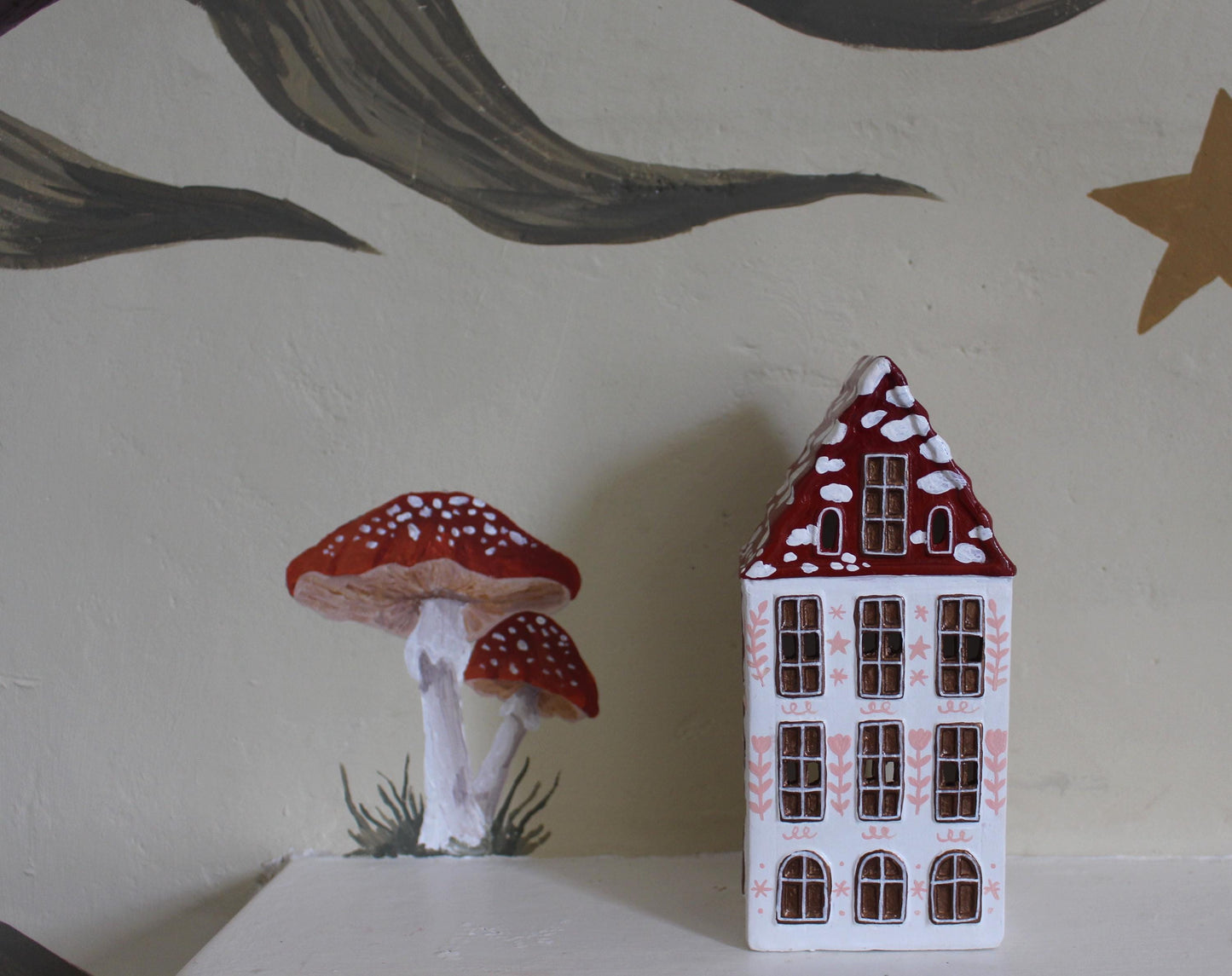 Hand Painted Ceramic Mushroom Autumn House - Whimsical Decor, Tea light holder, Autumn Fall Decor, Toadstool, Cottagecore,