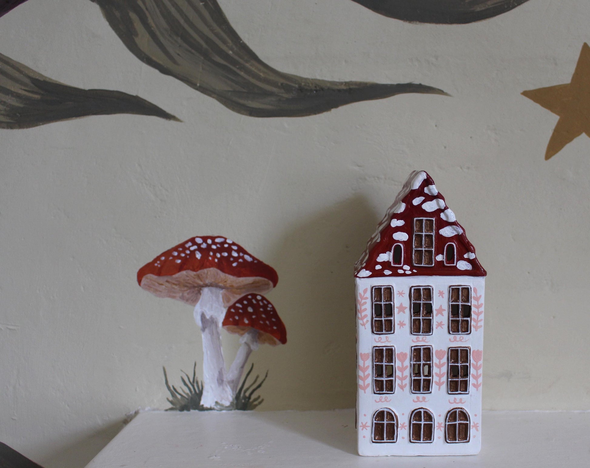 Hand Painted Ceramic Mushroom Autumn House - Whimsical Decor, Tea light holder, Autumn Fall Decor, Toadstool, Cottagecore,