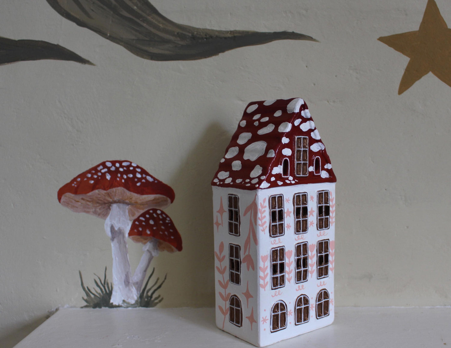 Hand Painted Ceramic Mushroom Autumn House - Whimsical Decor, Tea light holder, Autumn Fall Decor, Toadstool, Cottagecore,