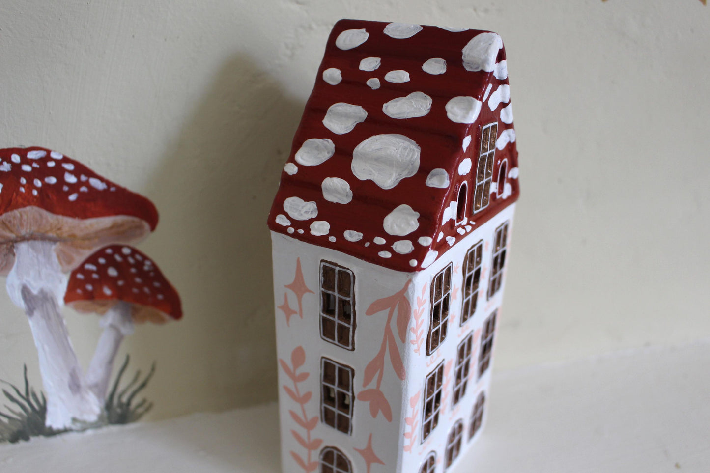 Hand Painted Ceramic Mushroom Autumn House - Whimsical Decor, Tea light holder, Autumn Fall Decor, Toadstool, Cottagecore,