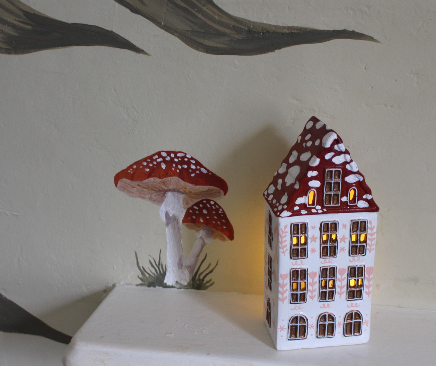 Hand Painted Ceramic Mushroom Autumn House - Whimsical Decor, Tea light holder, Autumn Fall Decor, Toadstool, Cottagecore,