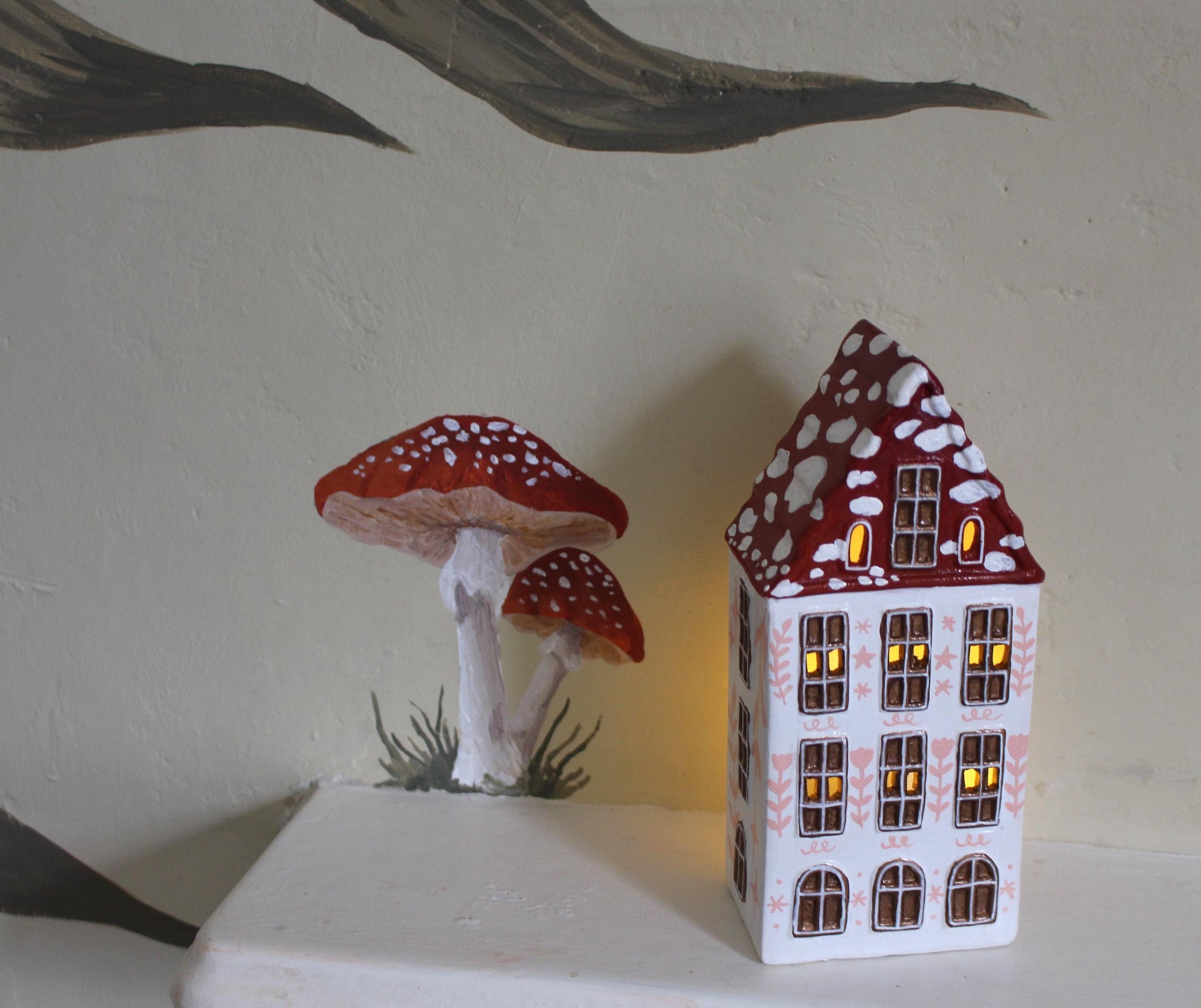 Hand Painted Ceramic Mushroom Autumn House - Whimsical Decor, Tea light holder, Autumn Fall Decor, Toadstool, Cottagecore,