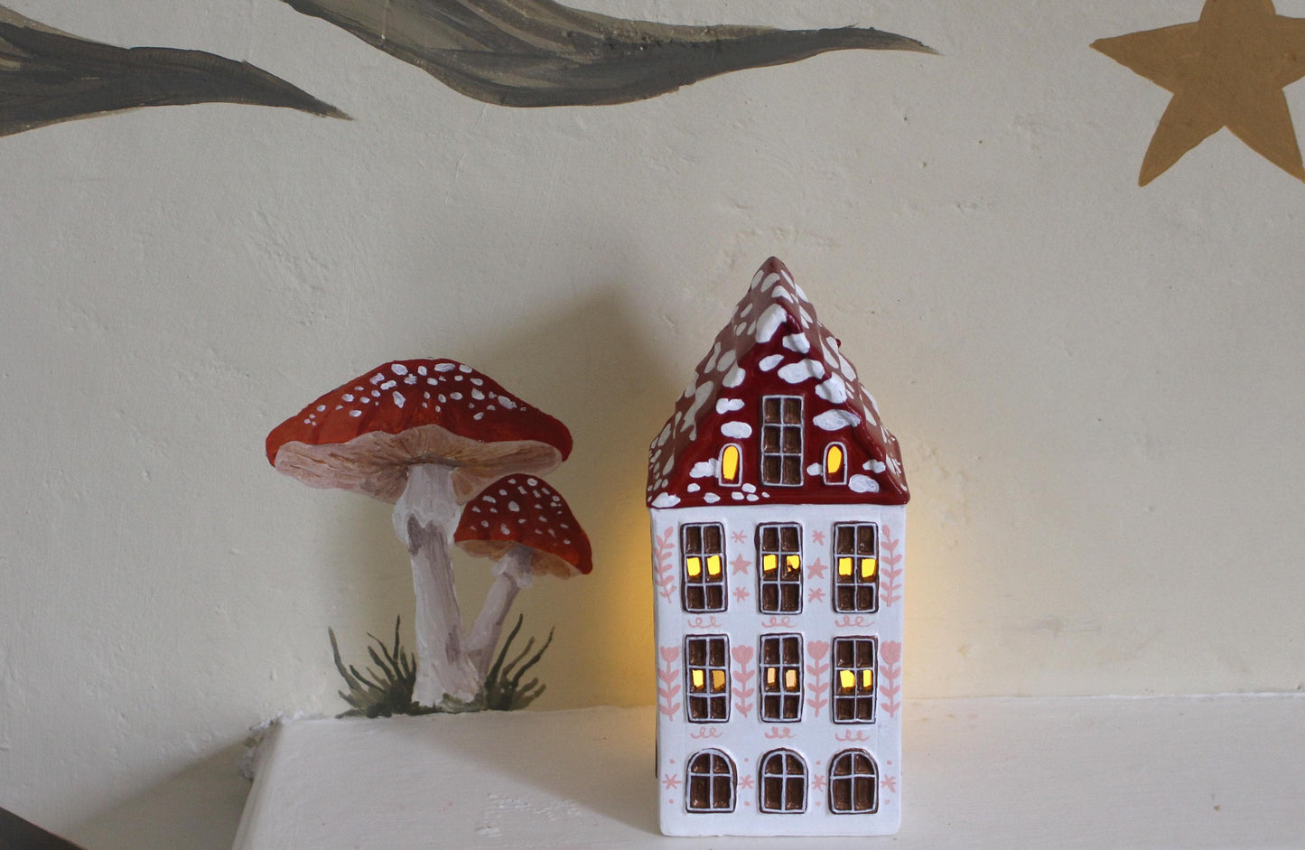 Hand Painted Ceramic Mushroom Autumn House - Whimsical Decor, Tea light holder, Autumn Fall Decor, Toadstool, Cottagecore,