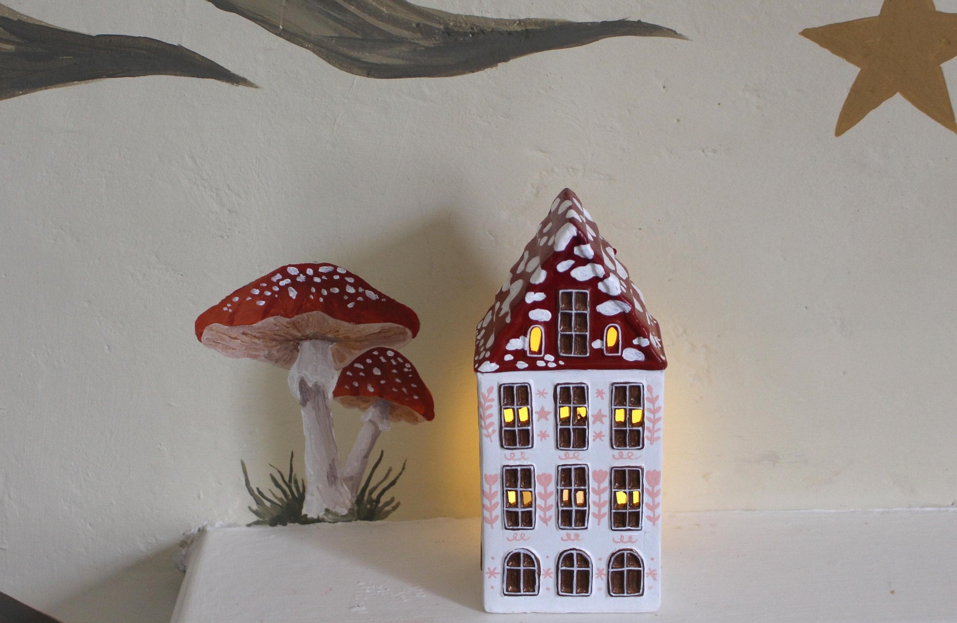 Hand Painted Ceramic Mushroom Autumn House - Whimsical Decor, Tea light holder, Autumn Fall Decor, Toadstool, Cottagecore,