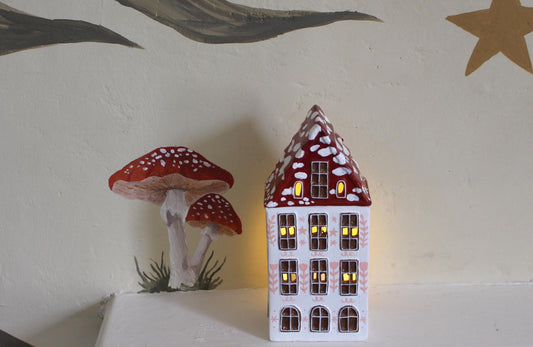 Hand Painted Ceramic Mushroom Autumn House - Whimsical Decor, Tea light holder, Autumn Fall Decor, Toadstool, Cottagecore,