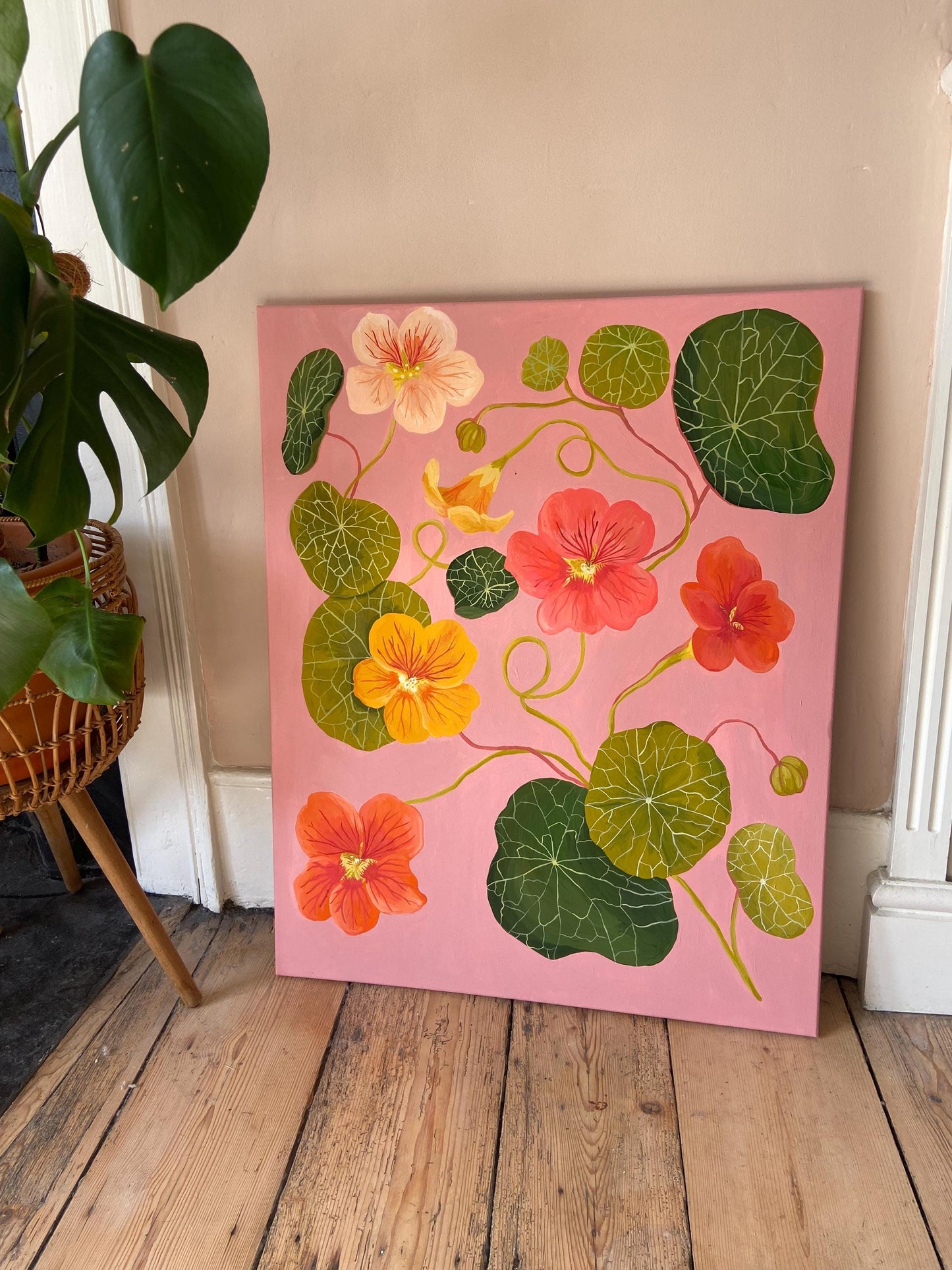 Original Nasturtium Painting on Canvas | Acrylic Gouache Floral Art