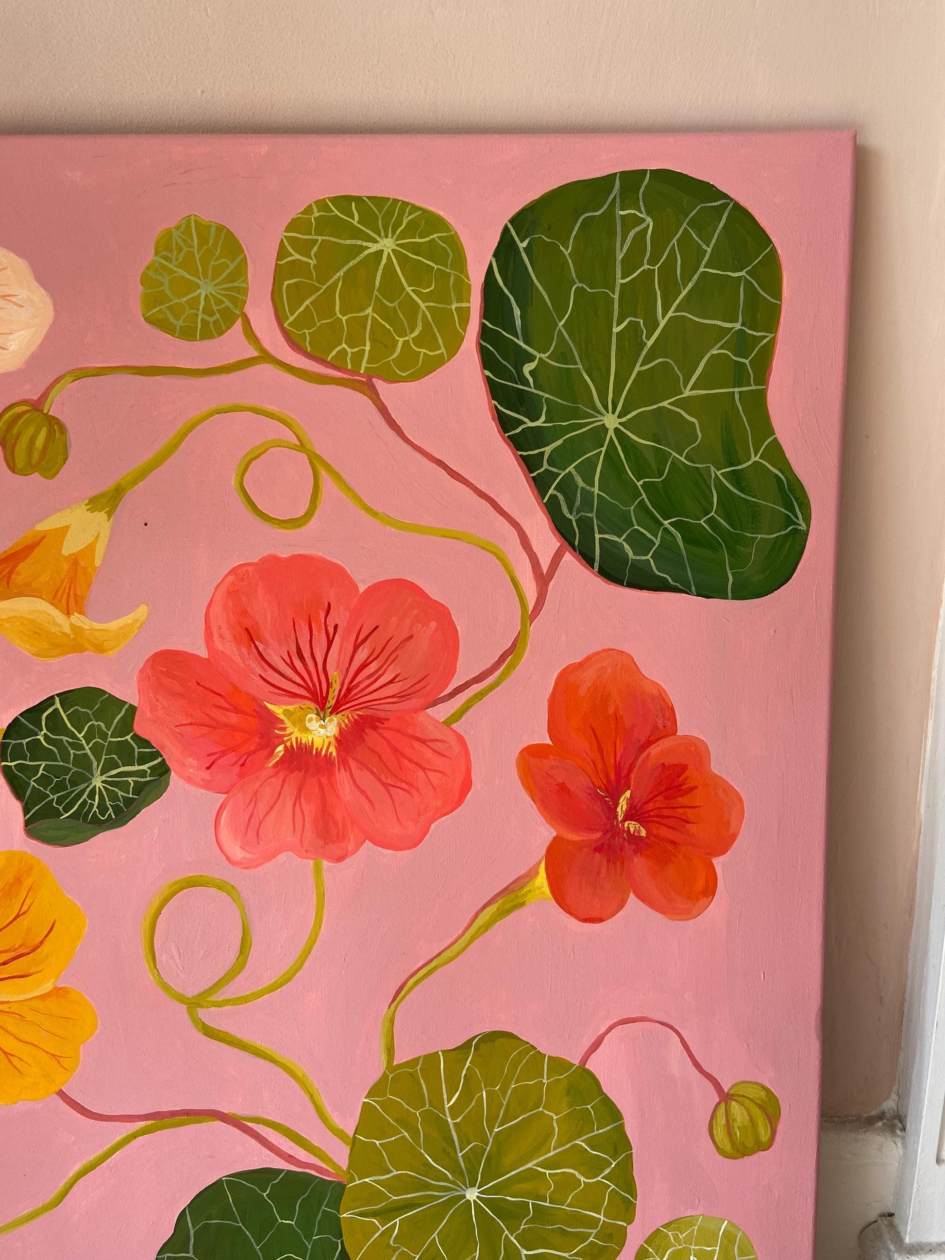 Original Nasturtium Painting on Canvas | Acrylic Gouache Floral Art