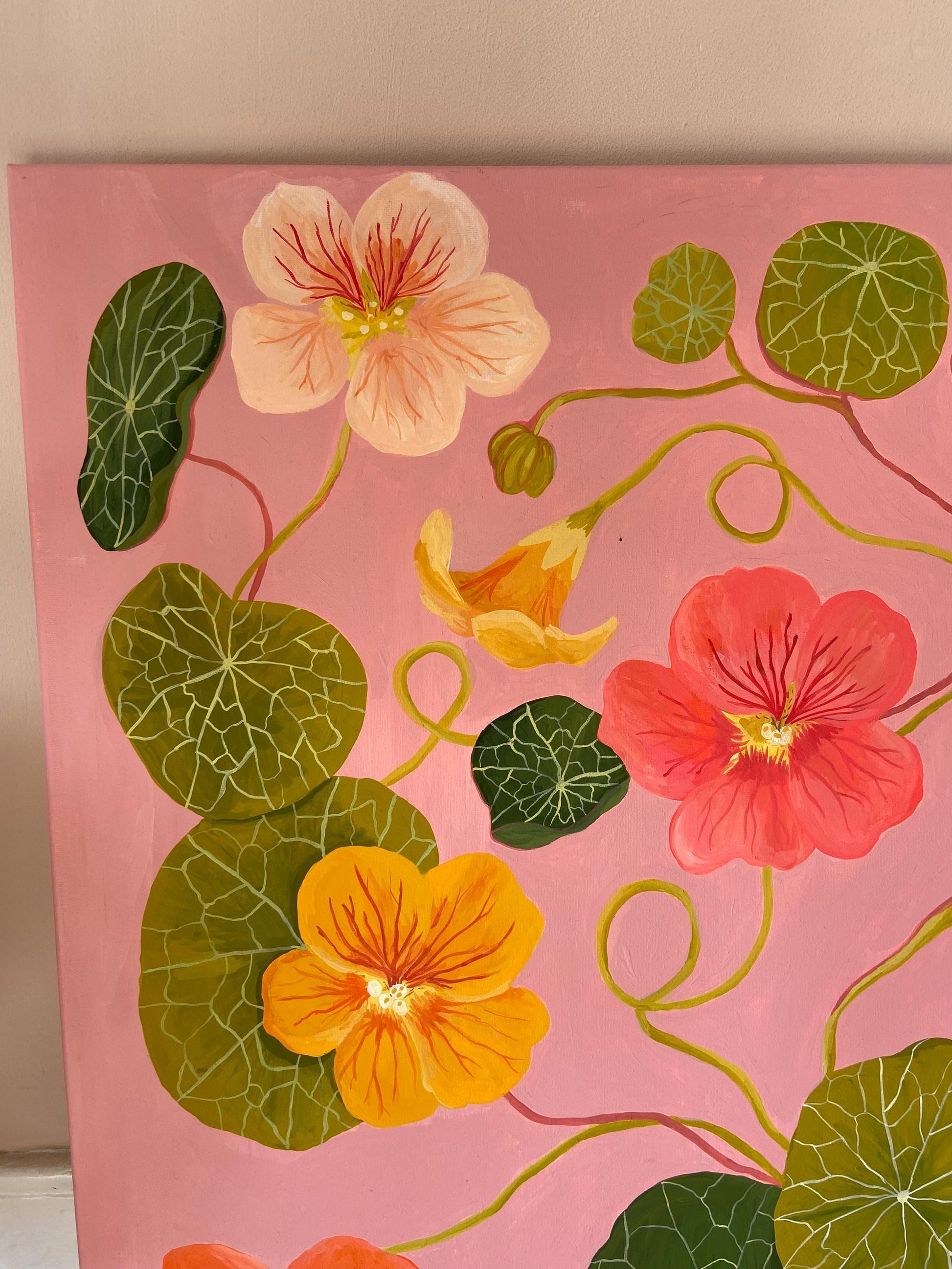 Original Nasturtium Painting on Canvas | Acrylic Gouache Floral Art