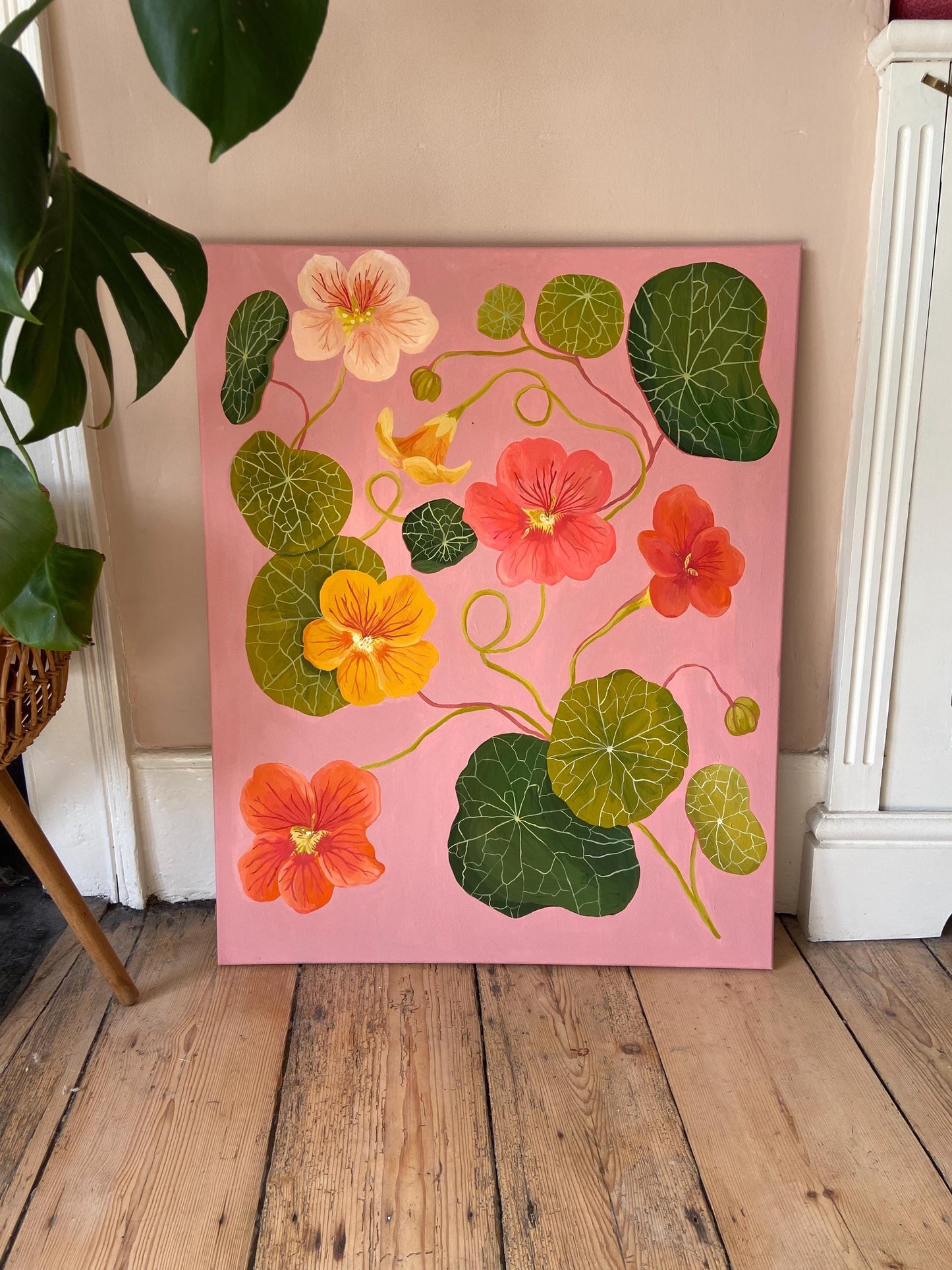 Original Nasturtium Painting on Canvas | Acrylic Gouache Floral Art