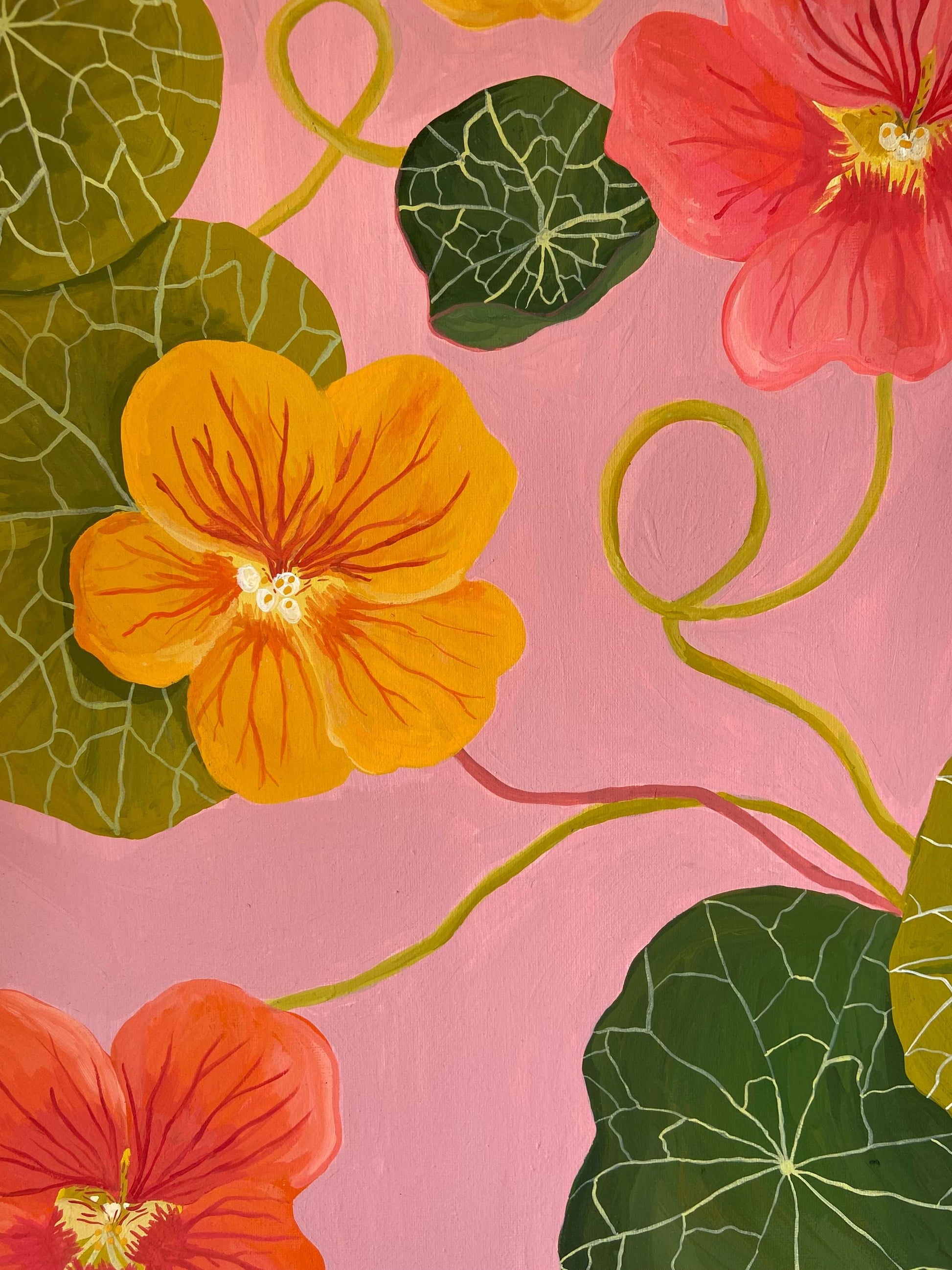 Original Nasturtium Painting on Canvas | Acrylic Gouache Floral Art