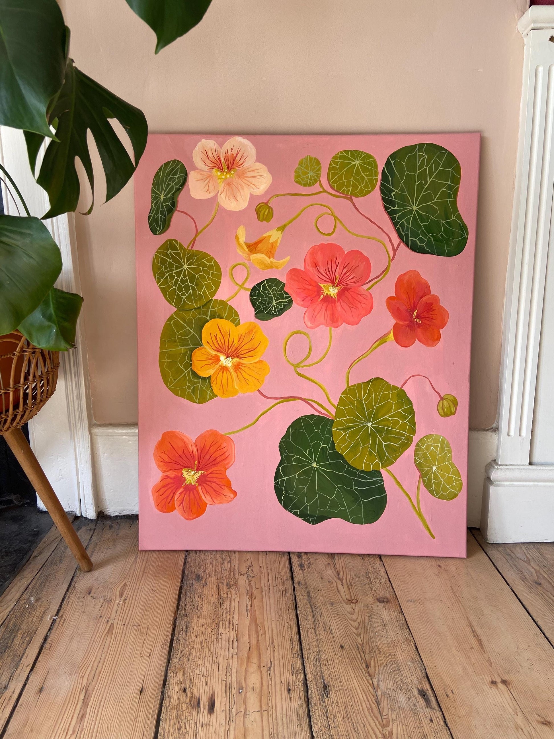 Original Nasturtium Painting on Canvas | Acrylic Gouache Floral Art