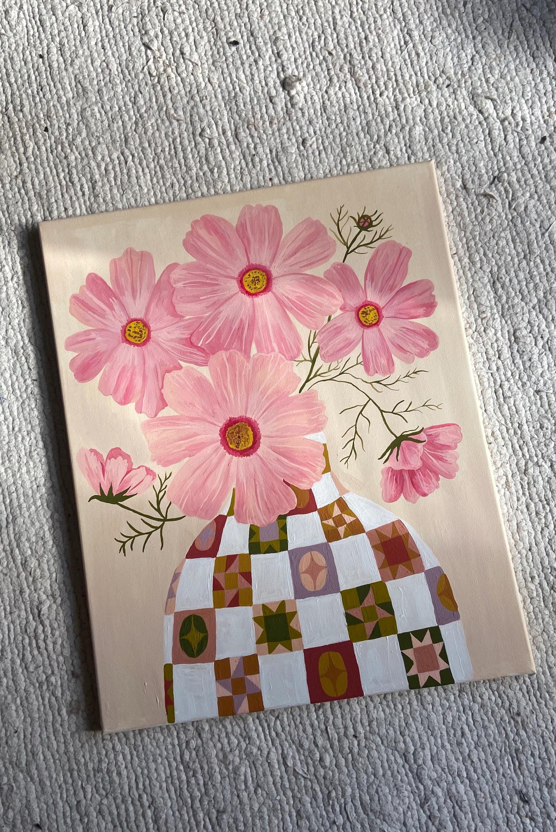 Cosmos Painting | Acrylic Gouache Floral Art, Quilt Vase