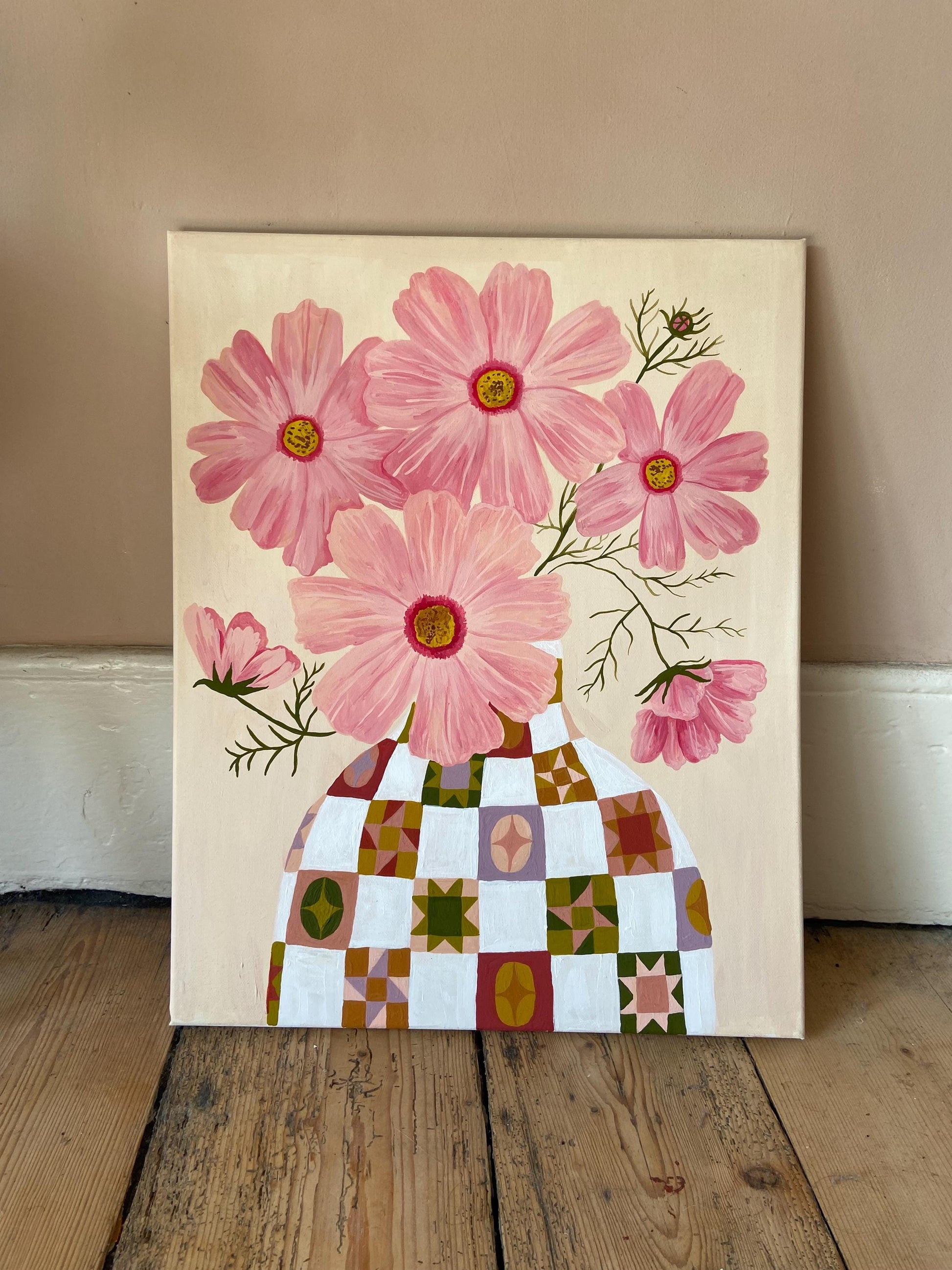 Cosmos Painting | Acrylic Gouache Floral Art, Quilt Vase