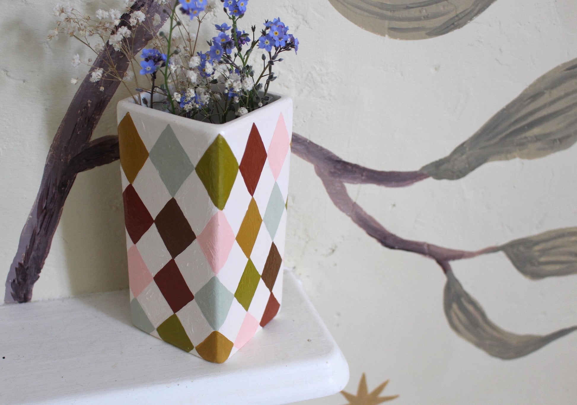 Hand Painted Harlequin Ceramic Vase – Checkerboard, Diamond, Colourful, Warm Rainbow