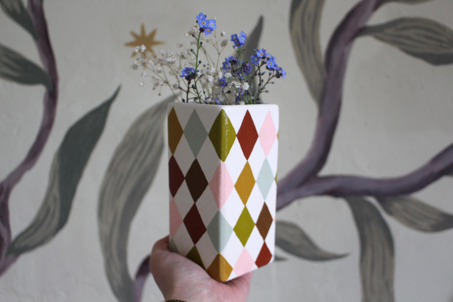 Hand Painted Harlequin Ceramic Vase – Checkerboard, Diamond, Colourful, Warm Rainbow