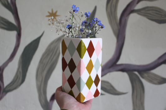 Hand Painted Harlequin Ceramic Vase – Checkerboard, Diamond, Colourful, Warm Rainbow