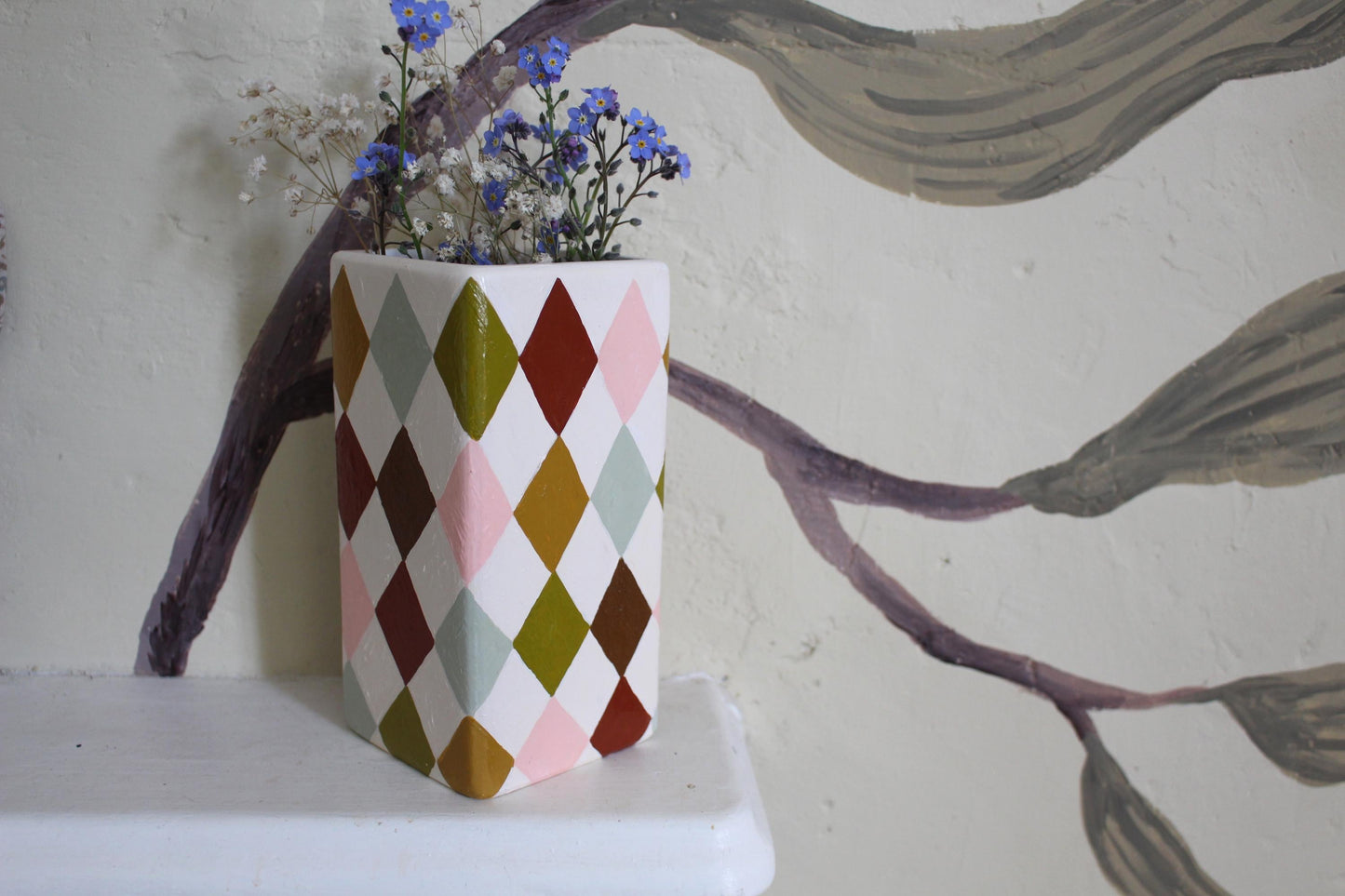 Hand Painted Harlequin Ceramic Vase – Checkerboard, Diamond, Colourful, Warm Rainbow