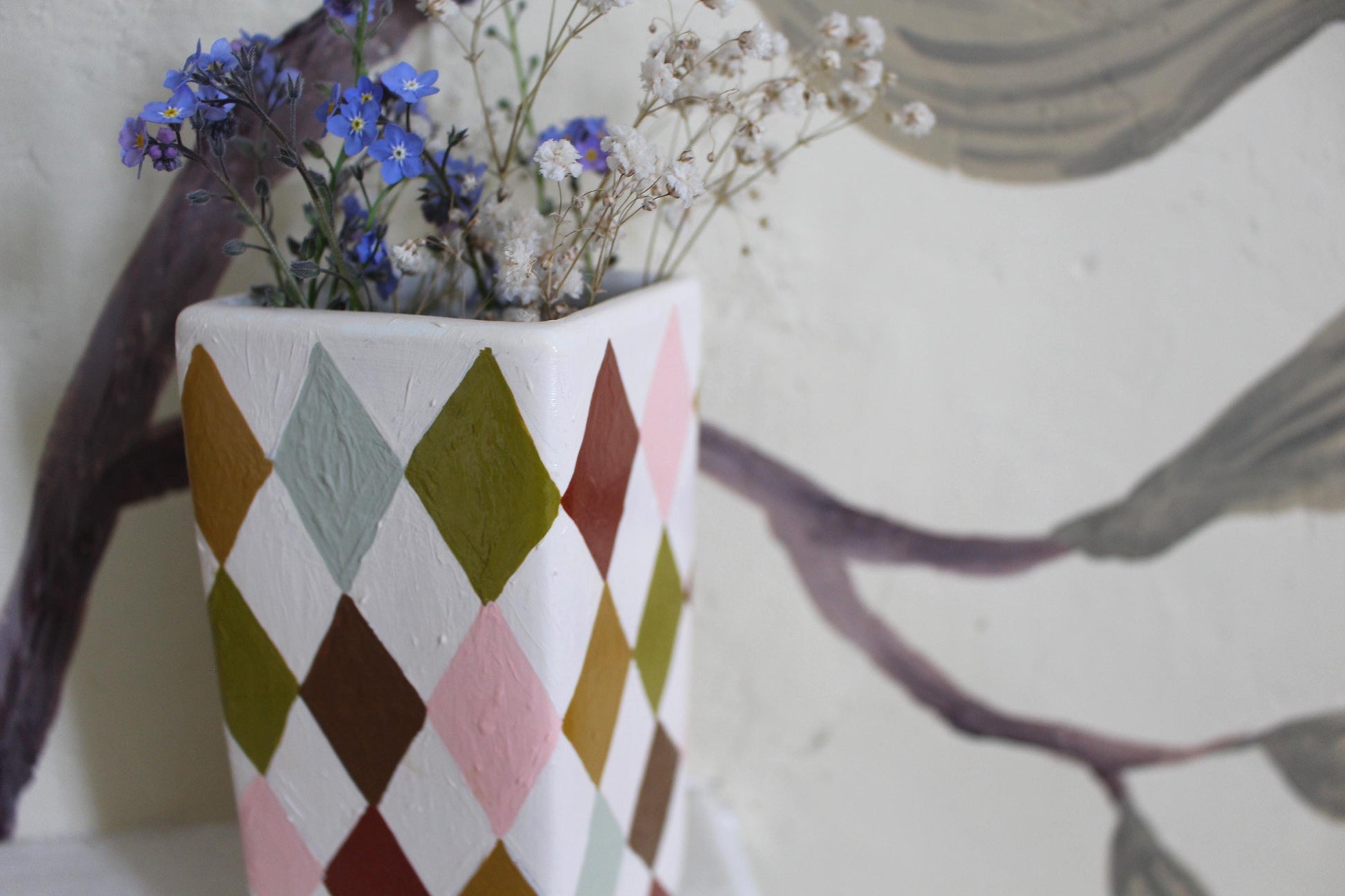Hand Painted Harlequin Ceramic Vase – Checkerboard, Diamond, Colourful, Warm Rainbow
