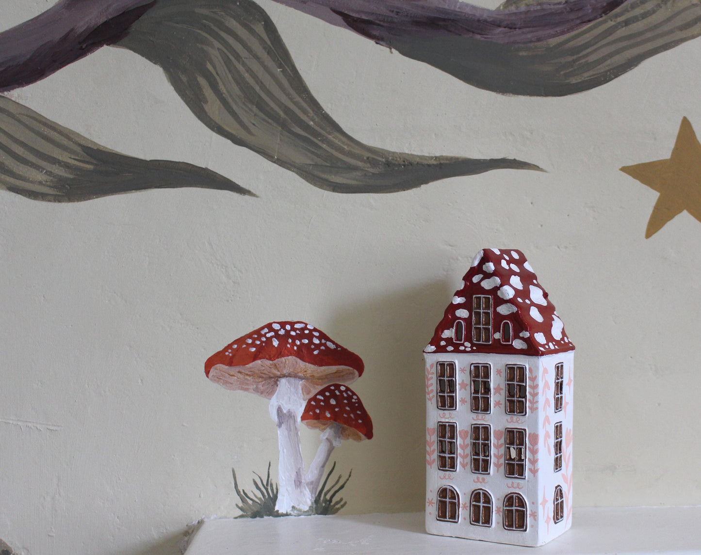 Hand Painted Ceramic Mushroom Autumn House - Whimsical Decor, Tea light holder, Autumn Fall Decor, Toadstool, Cottagecore,