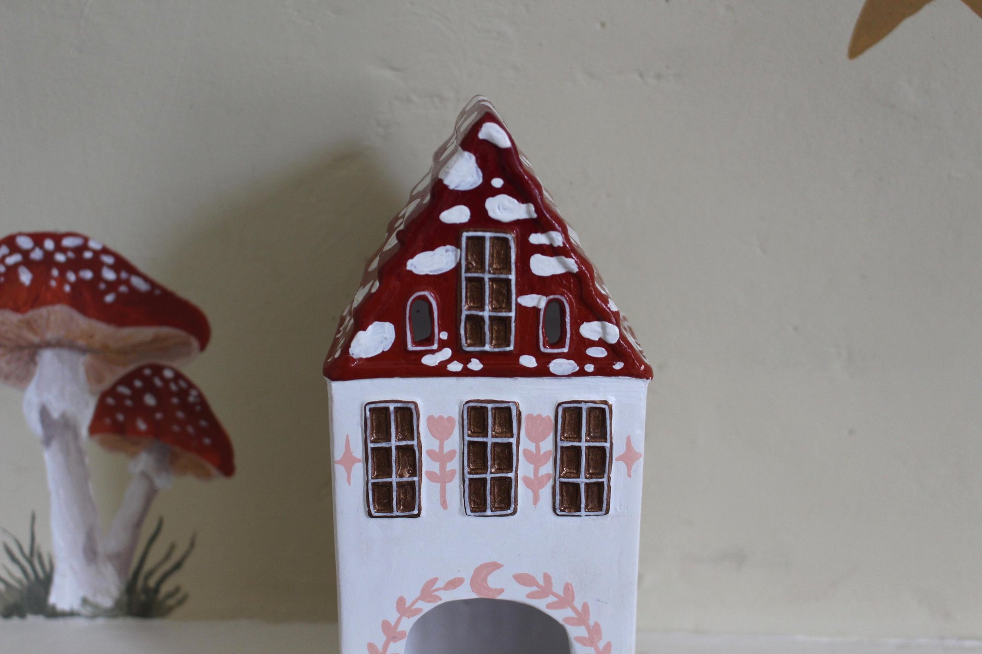 Hand Painted Ceramic Mushroom Autumn House - Whimsical Decor, Tea light holder, Autumn Fall Decor, Toadstool, Cottagecore,