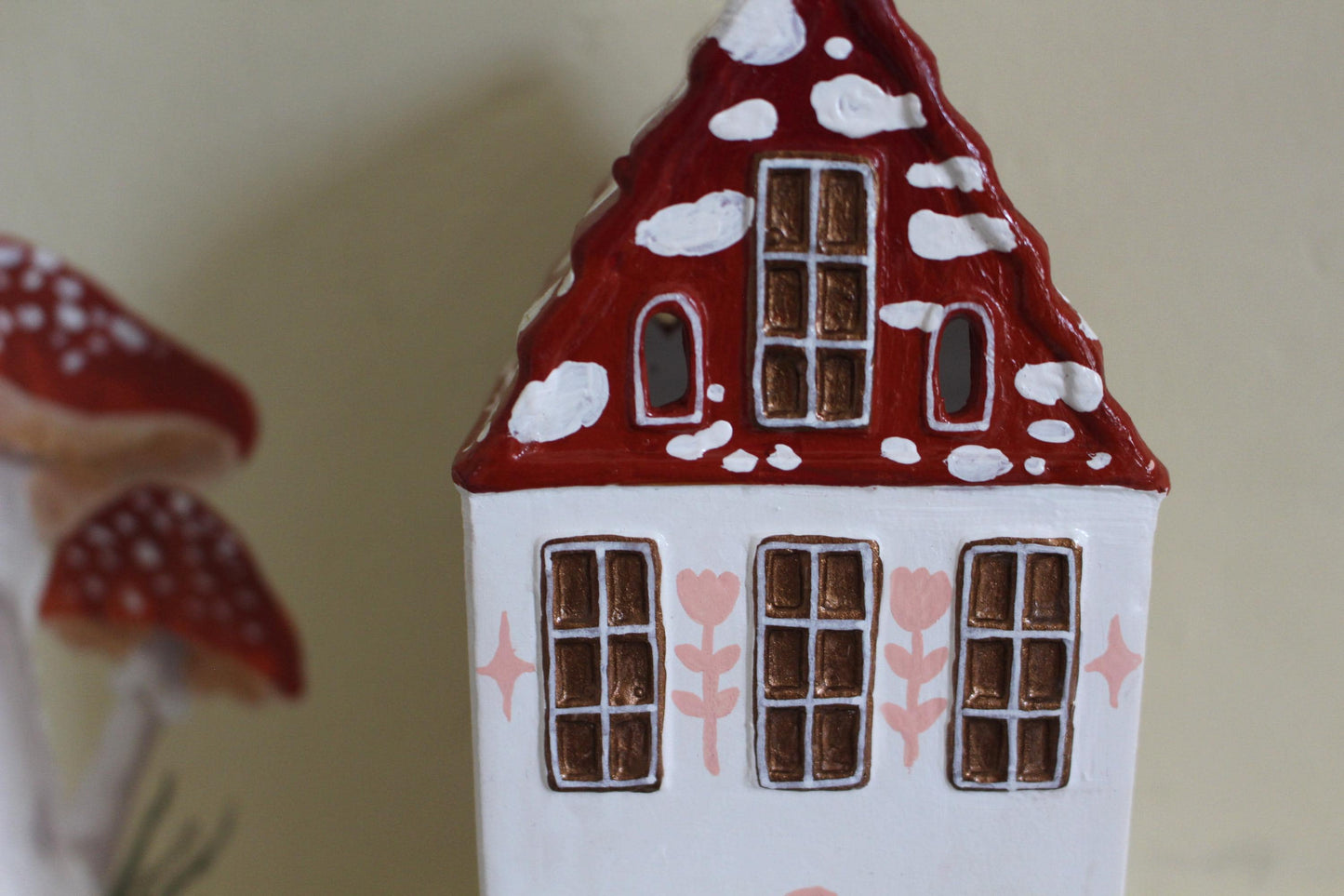 Hand Painted Ceramic Mushroom Autumn House - Whimsical Decor, Tea light holder, Autumn Fall Decor, Toadstool, Cottagecore,