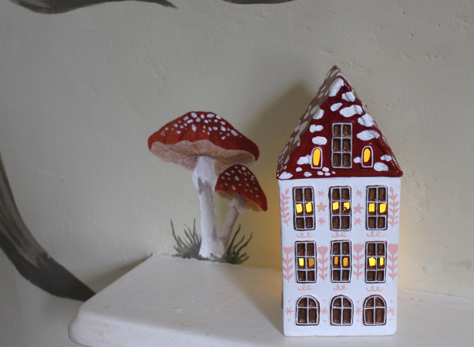 Hand Painted Ceramic Mushroom Autumn House - Whimsical Decor, Tea light holder, Autumn Fall Decor, Toadstool, Cottagecore,
