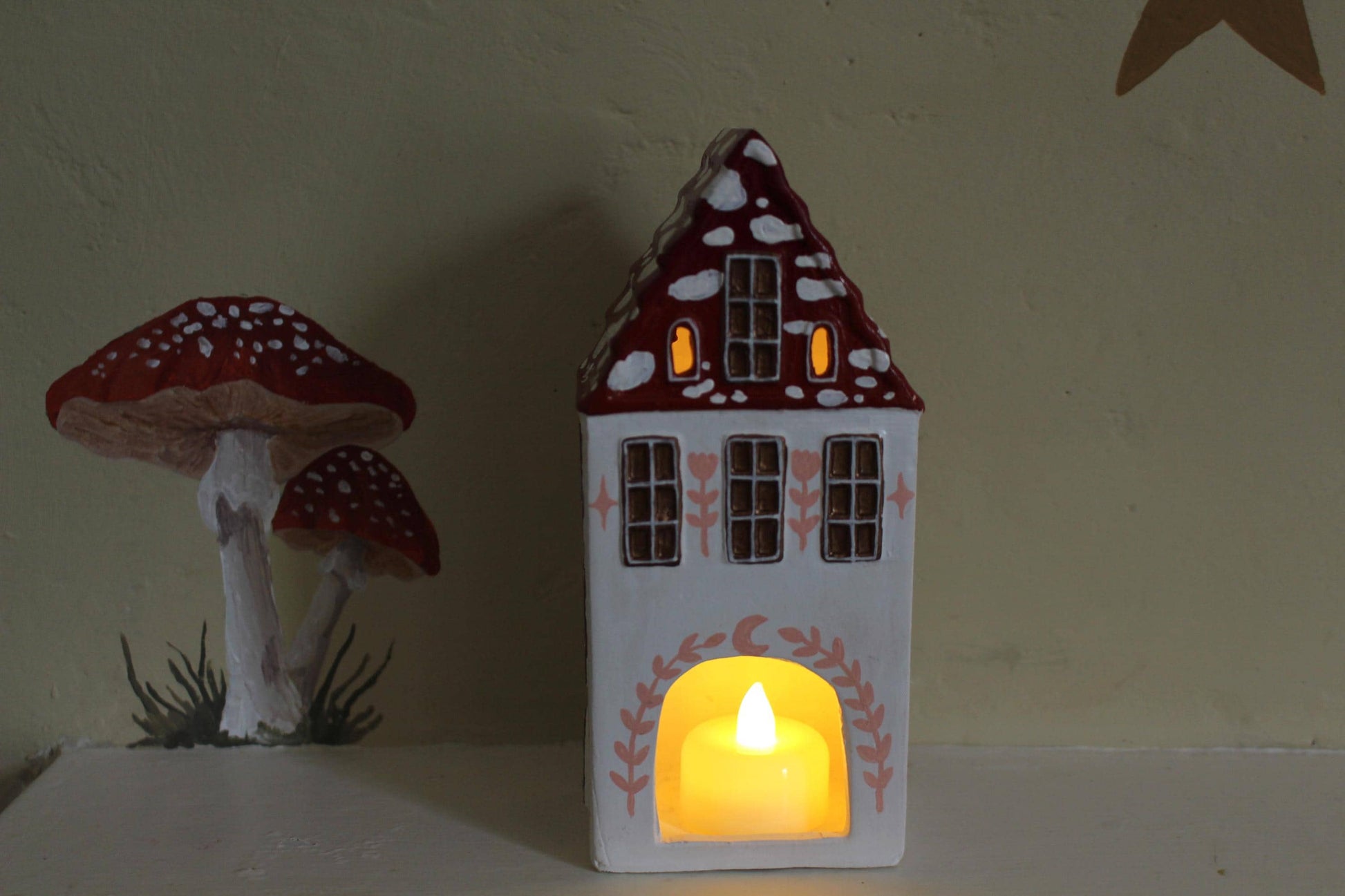 Hand Painted Ceramic Mushroom Autumn House - Whimsical Decor, Tea light holder, Autumn Fall Decor, Toadstool, Cottagecore,