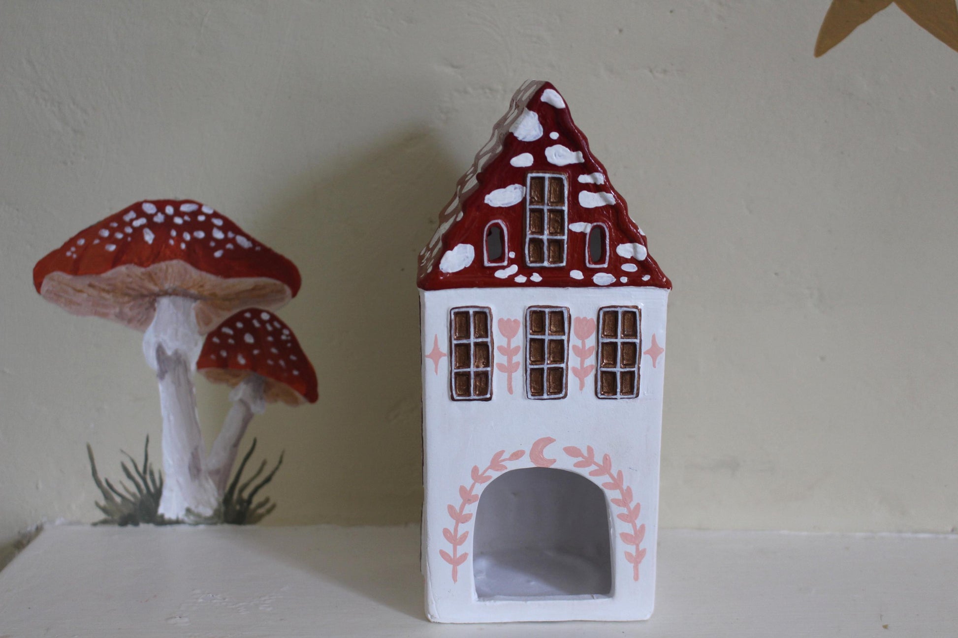 Hand Painted Ceramic Mushroom Autumn House - Whimsical Decor, Tea light holder, Autumn Fall Decor, Toadstool, Cottagecore,