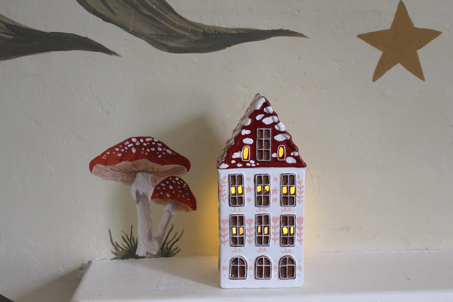 Hand Painted Ceramic Mushroom Autumn House - Whimsical Decor, Tea light holder, Autumn Fall Decor, Toadstool, Cottagecore,