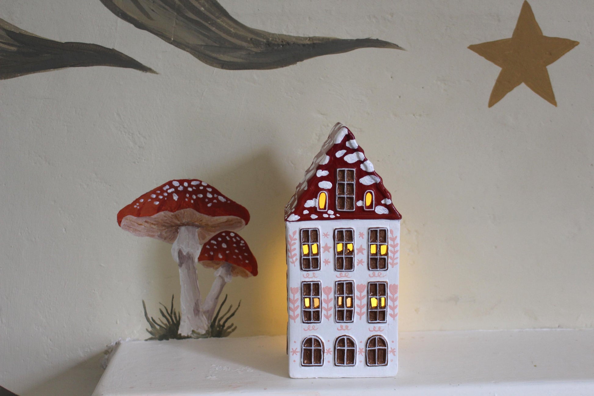 Hand Painted Ceramic Mushroom Autumn House - Whimsical Decor, Tea light holder, Autumn Fall Decor, Toadstool, Cottagecore,
