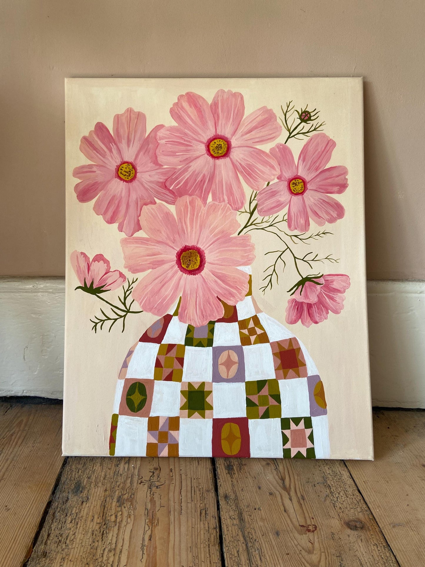 Cosmos Painting | Acrylic Gouache Floral Art, Quilt Vase